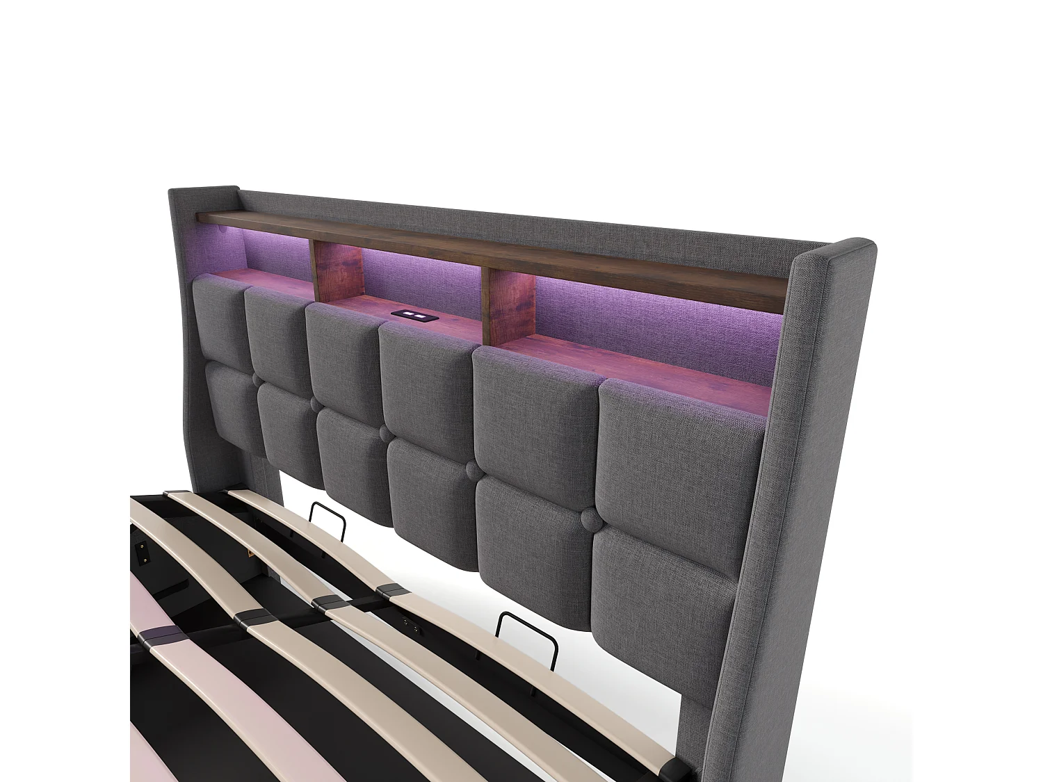 Lit coffre 140x200 cm avec avec sommier - tête de lit capitonnée avec USB et LED - tissu lin - gris (sans matelas)