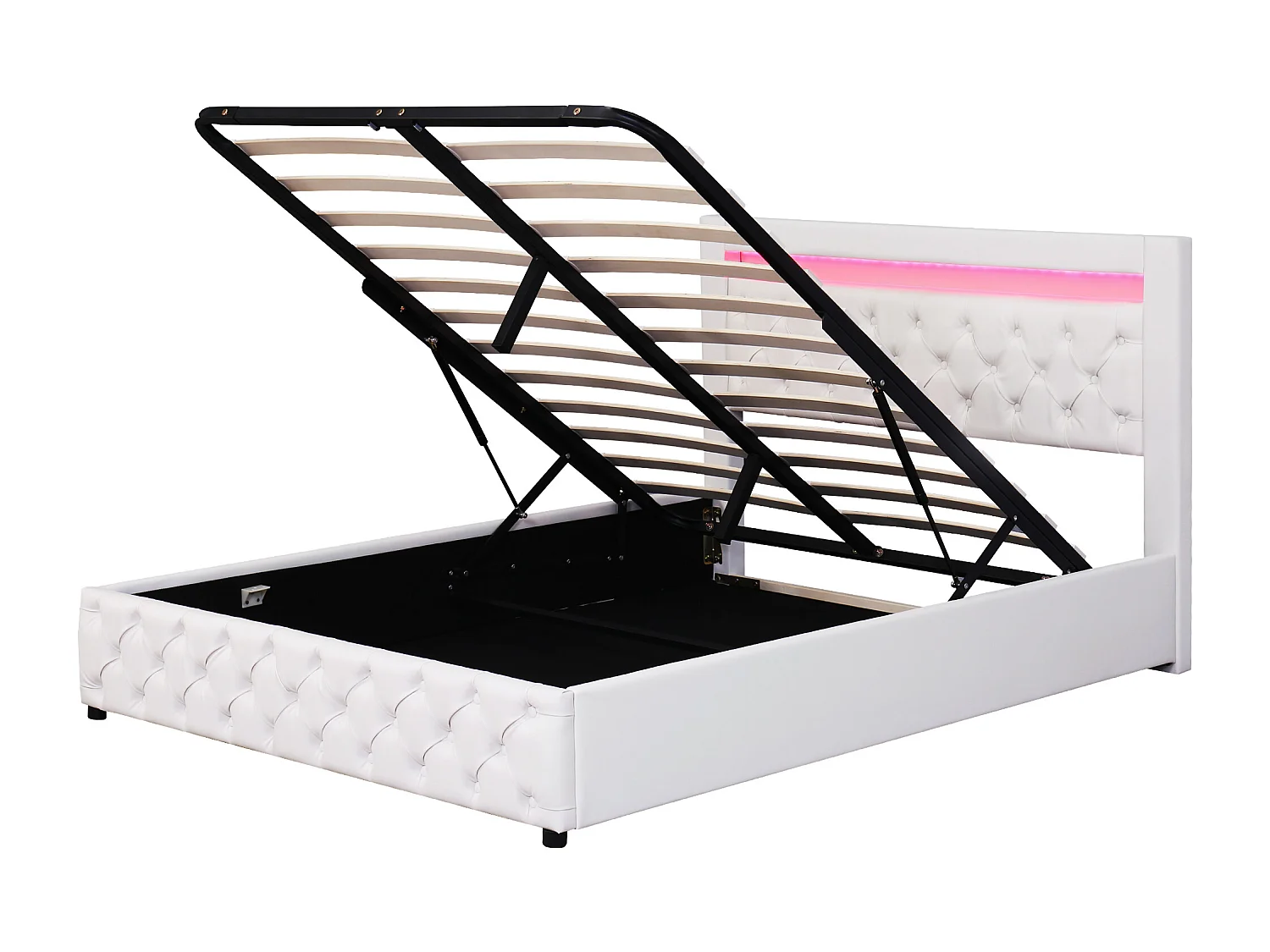 Lit coffre 160x200 cm avec sommier en bois - tête de lit capitonnée avec LED - similicuir - blanc (sans matelas)