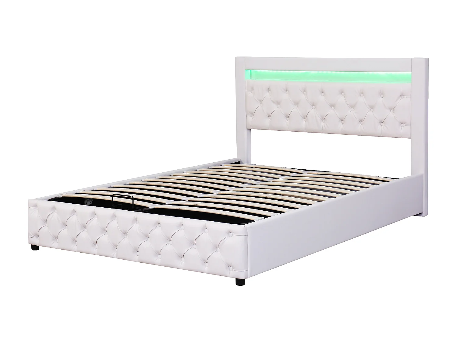 Lit coffre 160x200 cm avec sommier relevable, coffre de rangement et LED, revêtement PU blanc (Sans matelas)