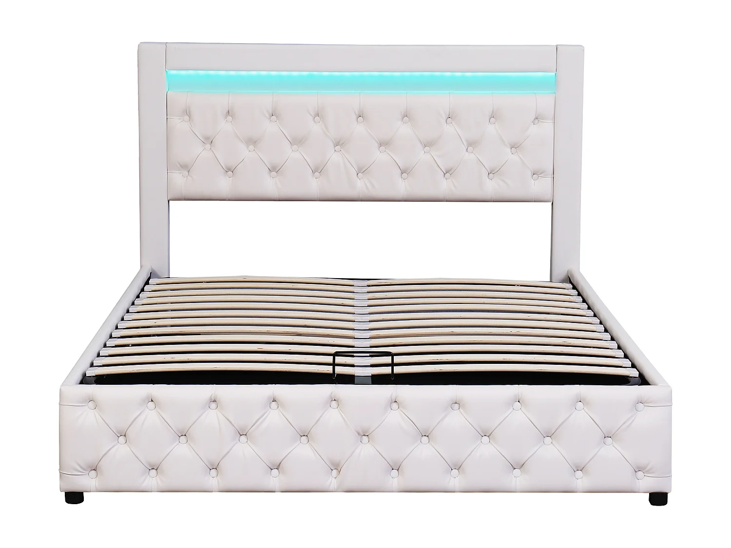 Lit coffre 160x200 cm avec sommier relevable, coffre de rangement et LED, revêtement PU blanc (Sans matelas)