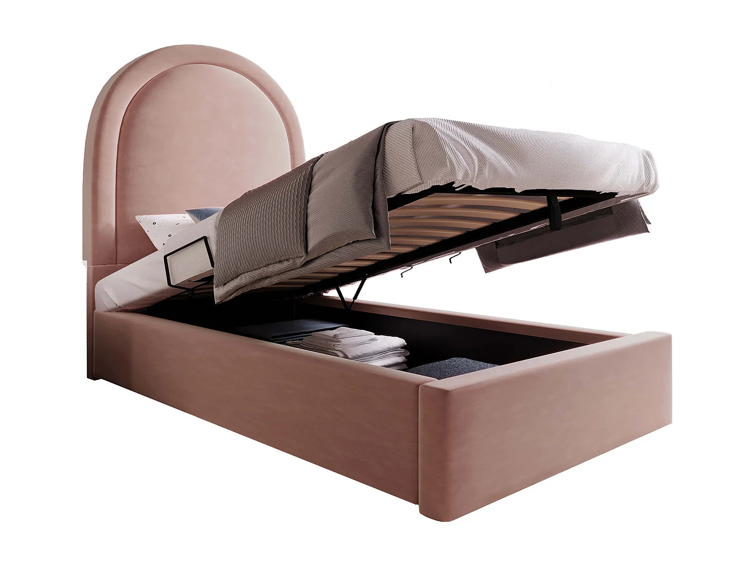 Lit coffre 90x200 cm avec rangement hydraulique, tête de lit arrondie, velours rose (Sans matelas)