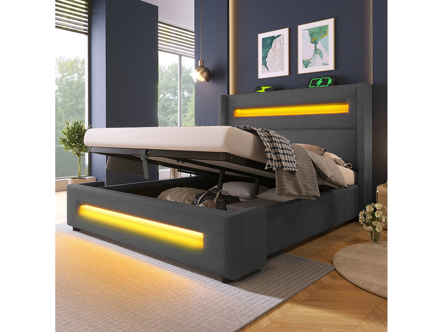 Lit Coffre 160x200cm avec LED USB espace de rangement sommier en bois en gris pour adultes et enfants et adolescents