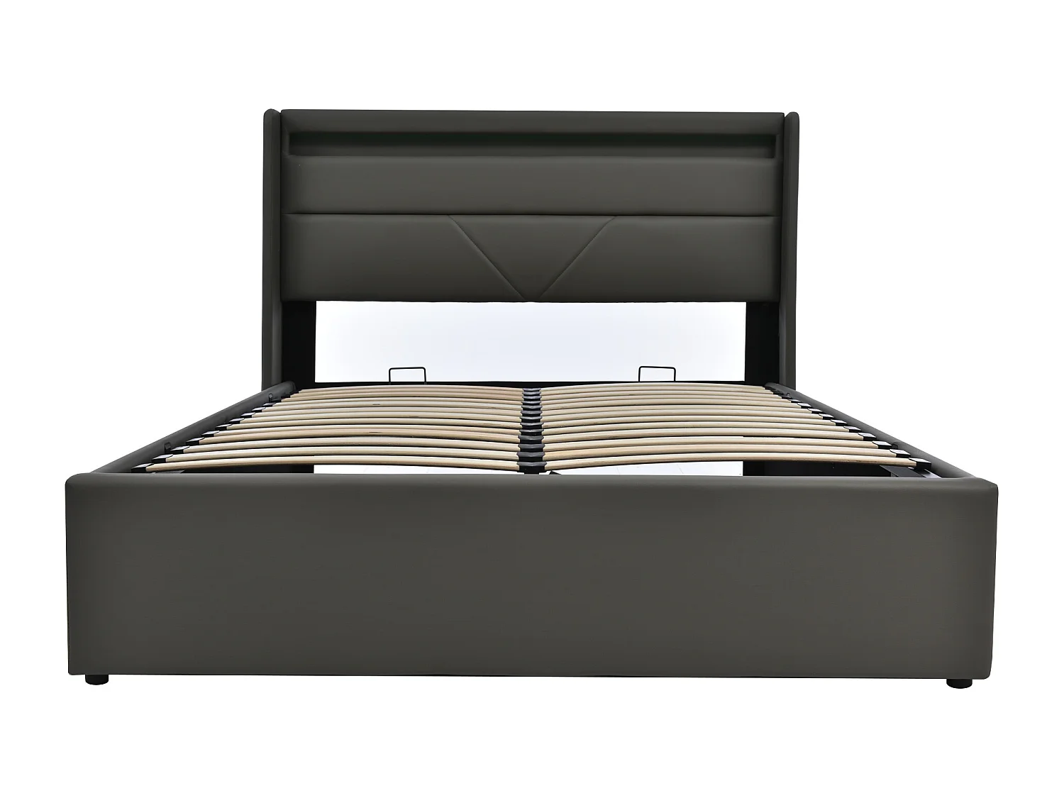 Lit coffre 140x200 cm, tête de lit LED, sommier relevable hydraulique, rangement, revêtement PU gris(Sans matelas)