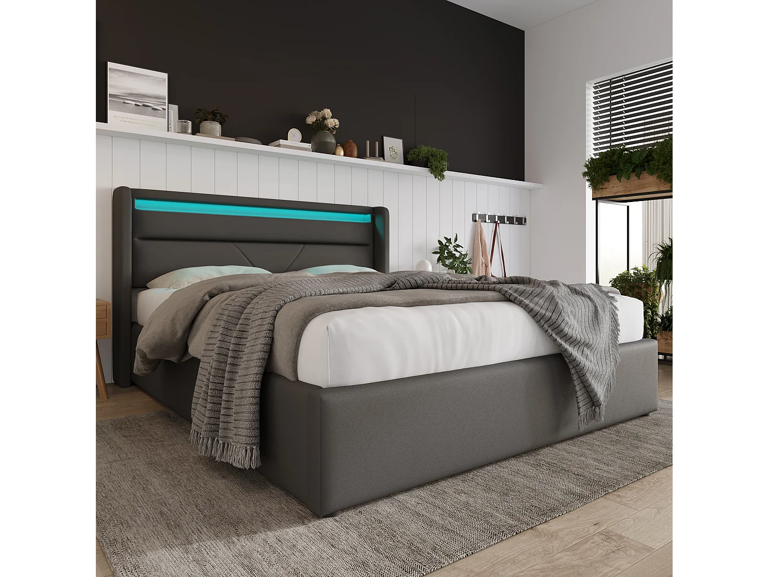 Lit coffre 140x200 cm, tête de lit LED, sommier relevable hydraulique, rangement, revêtement PU gris(Sans matelas)