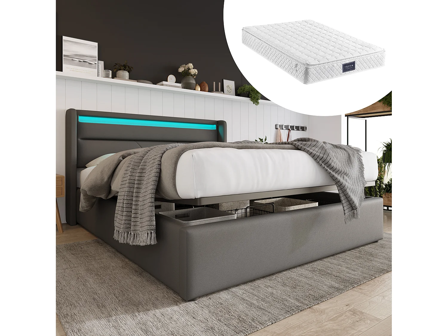 Lit coffre 140x200 cm, tête de lit LED, sommier relevable hydraulique, rangement, revêtement PU gris(Sans matelas)