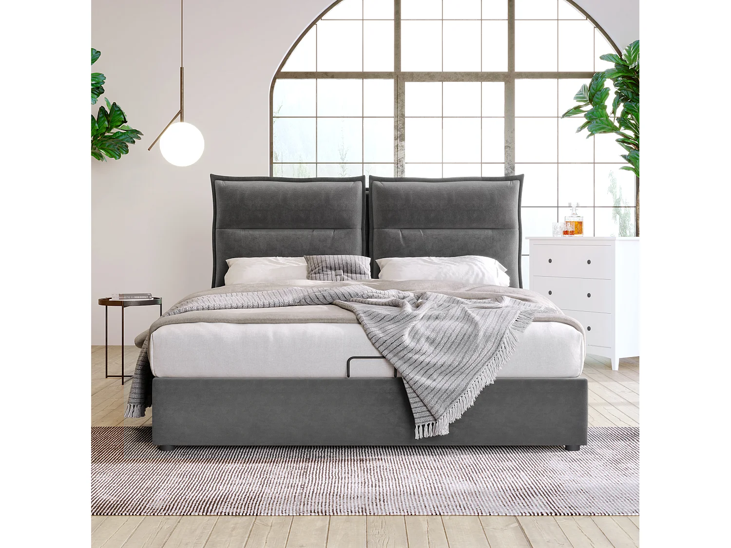 Lit coffre 140x200 cm avec tête de lit réglable et sommier relevable en velours gris (Sans matelas)