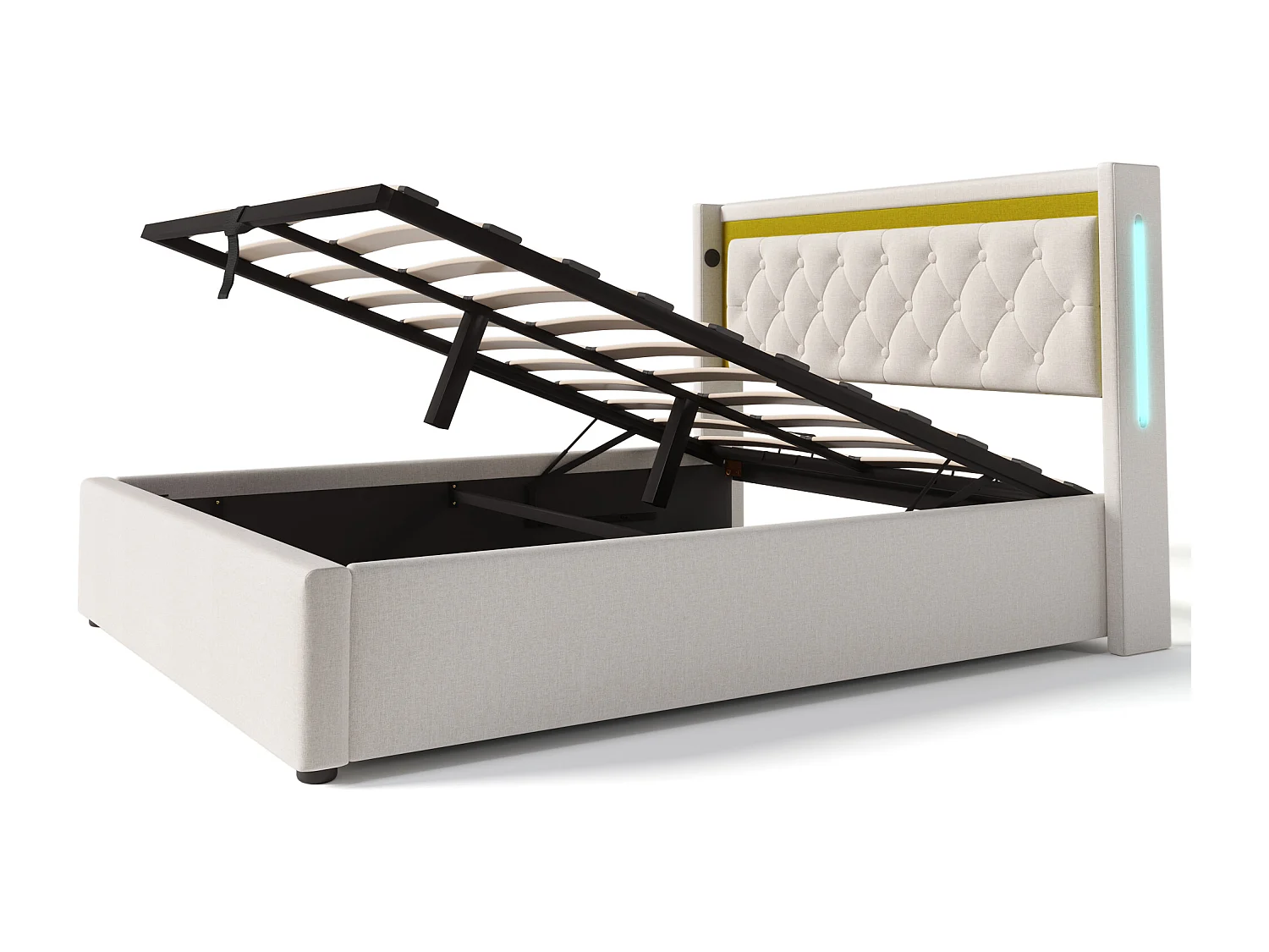 Lit Coffre 160x200cm avec LED USB espace de rangement et matelas beige pour enfants et adultes et adolescents