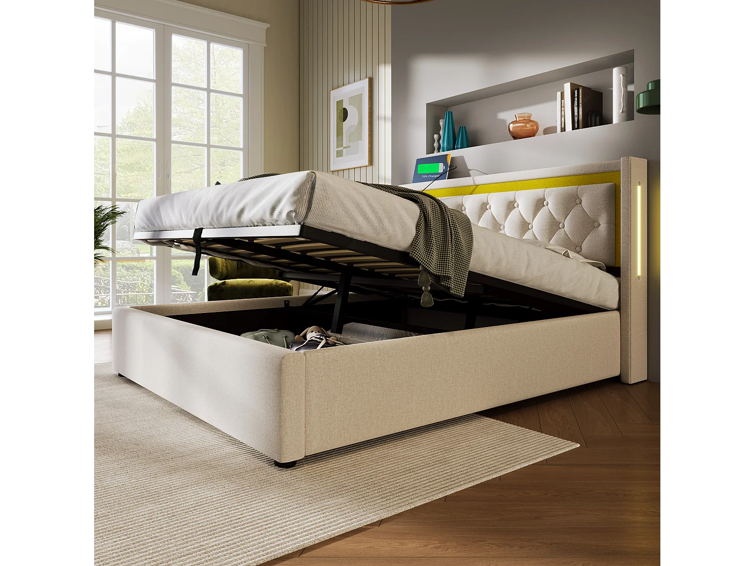 Lit Coffre 160x200cm avec LED USB espace de rangement et matelas beige pour enfants et adultes et adolescents