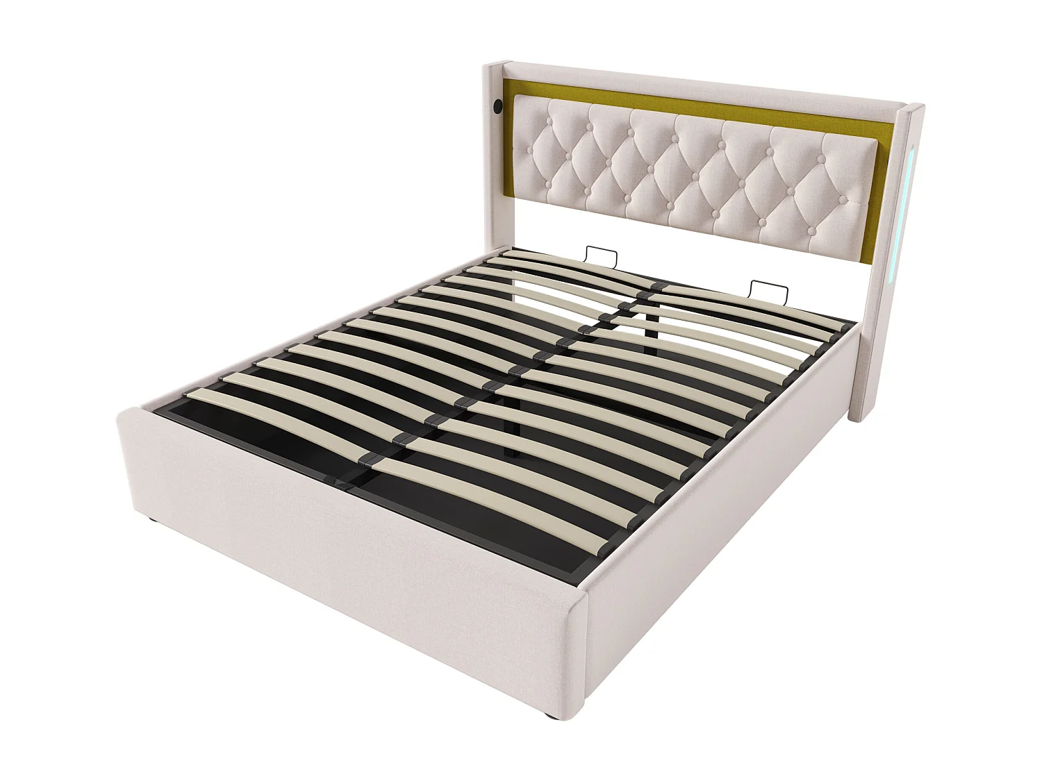 Lit coffre 160x200 cm avec matelas, LED, ports USB et USB C, tête de lit en coton beige (Sans matelas)