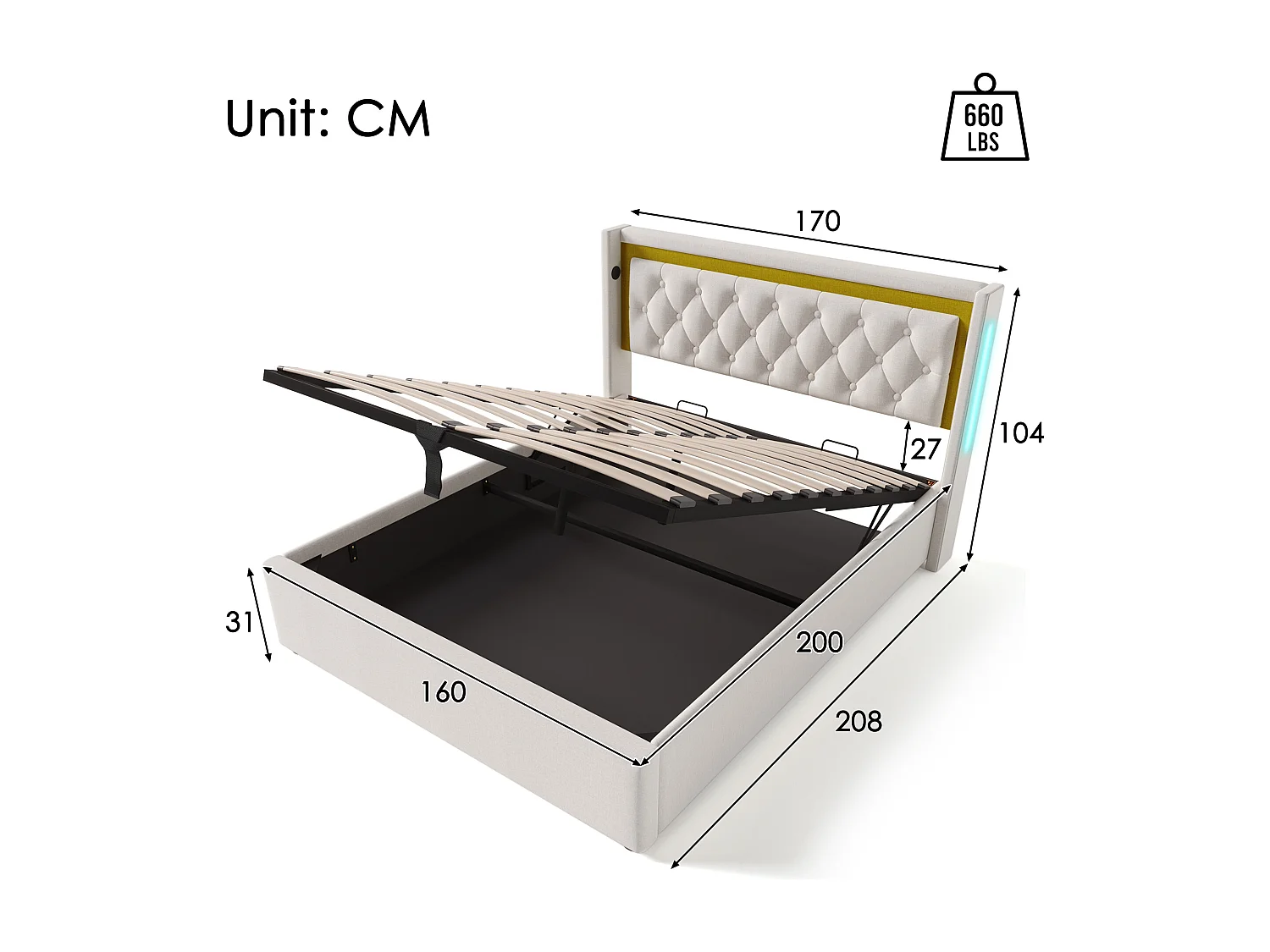 Lit coffre 160x200 cm avec matelas, LED, ports USB et USB C, tête de lit en coton beige (Sans matelas)
