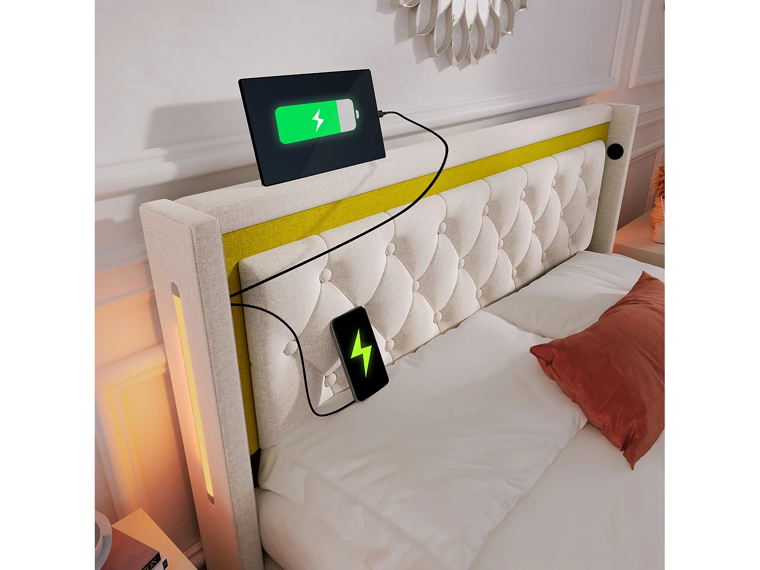 Lit coffre 160x200 cm avec matelas, LED, ports USB et USB C, tête de lit en coton beige (Sans matelas)