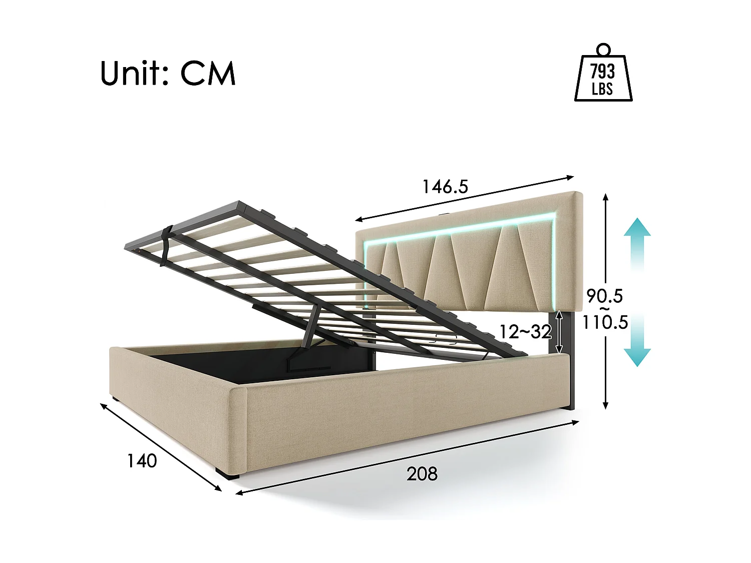 Lit Coffre 140x200cm avec LED USB espace de rangement et matelas beige pour enfants et adultes et adolescents