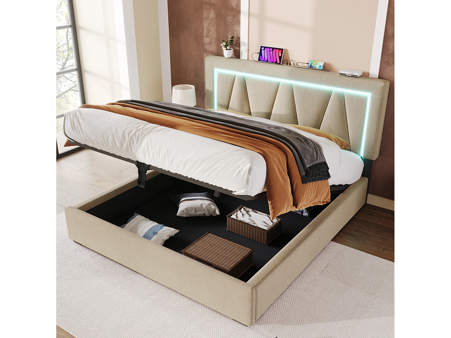 Lit Coffre 140x200cm avec LED USB espace de rangement et matelas beige pour enfants et adultes et adolescents
