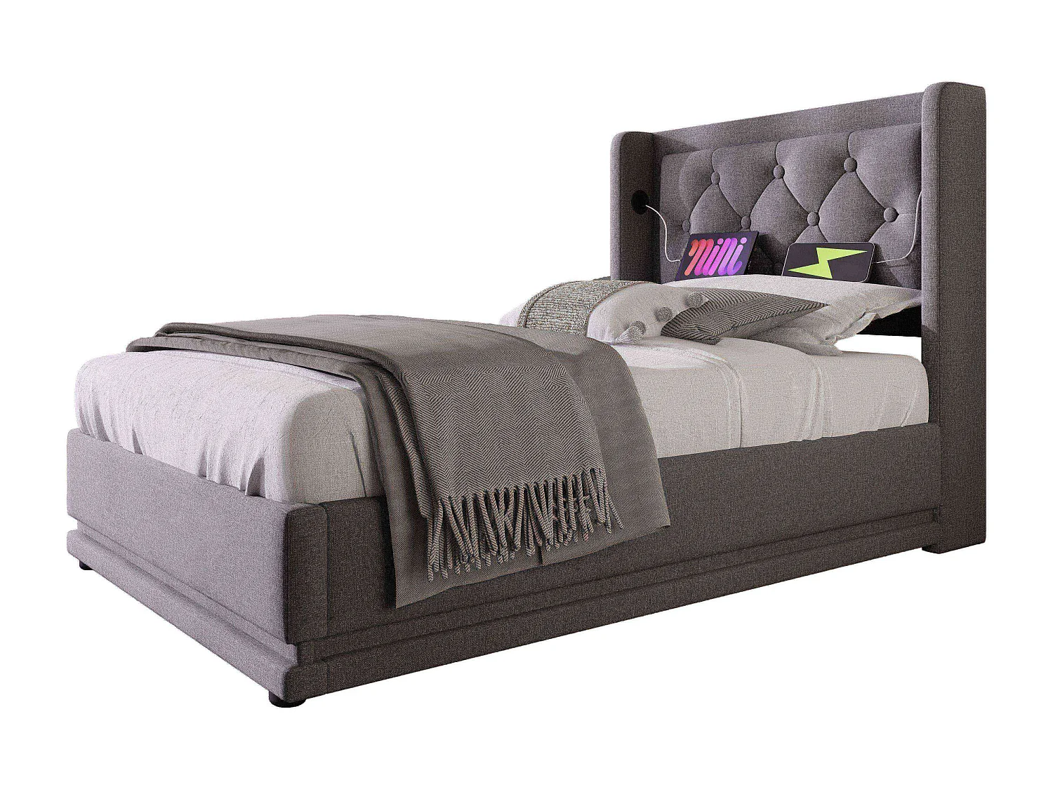 Lit coffre 90x200 cm avec sommier - tête de lit capitonnée avec USB et LED - coton - gris (sans matelas)