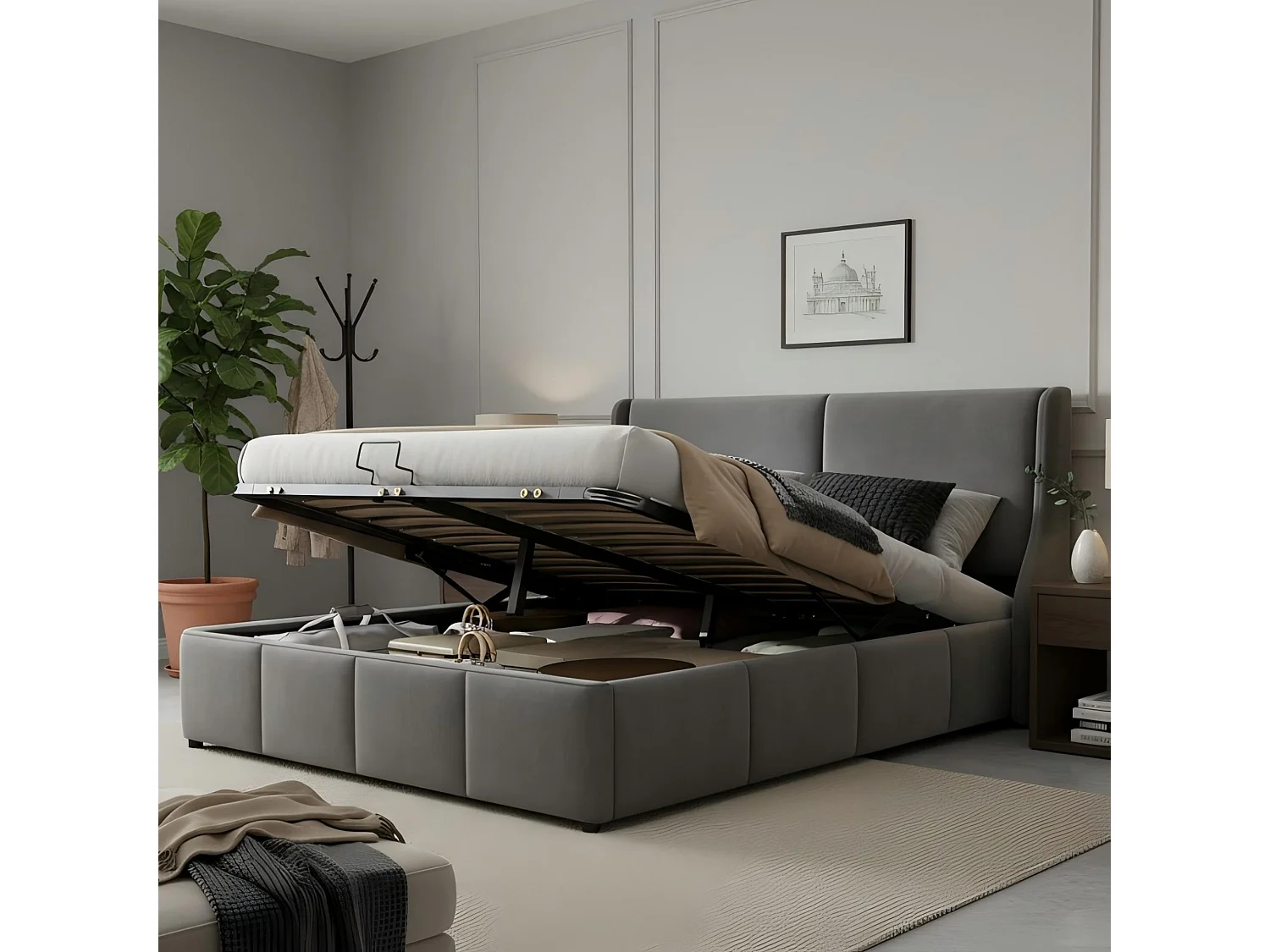 Lit coffre 140x200 cm avec rangement hydraulique et tête de lit, velours gris (Sans matelas)