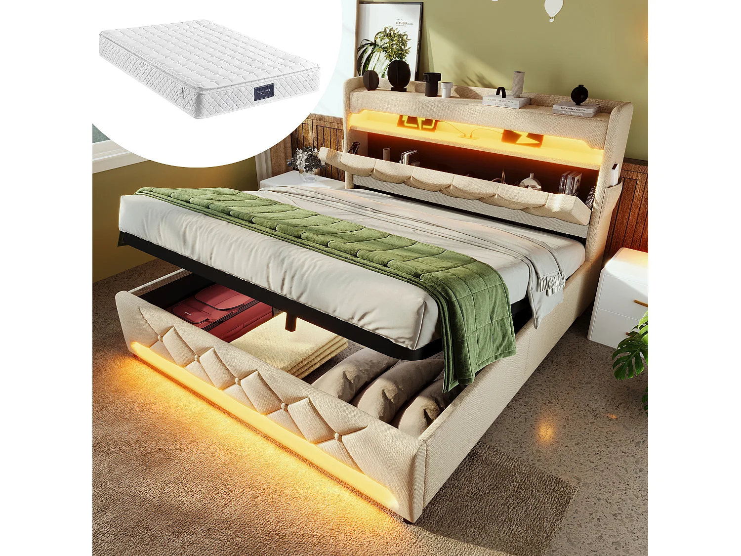 Lit coffre 160x200 cm avec LED 360 et tête de lit avec USB et Type C, lin beige (Avec matelas)