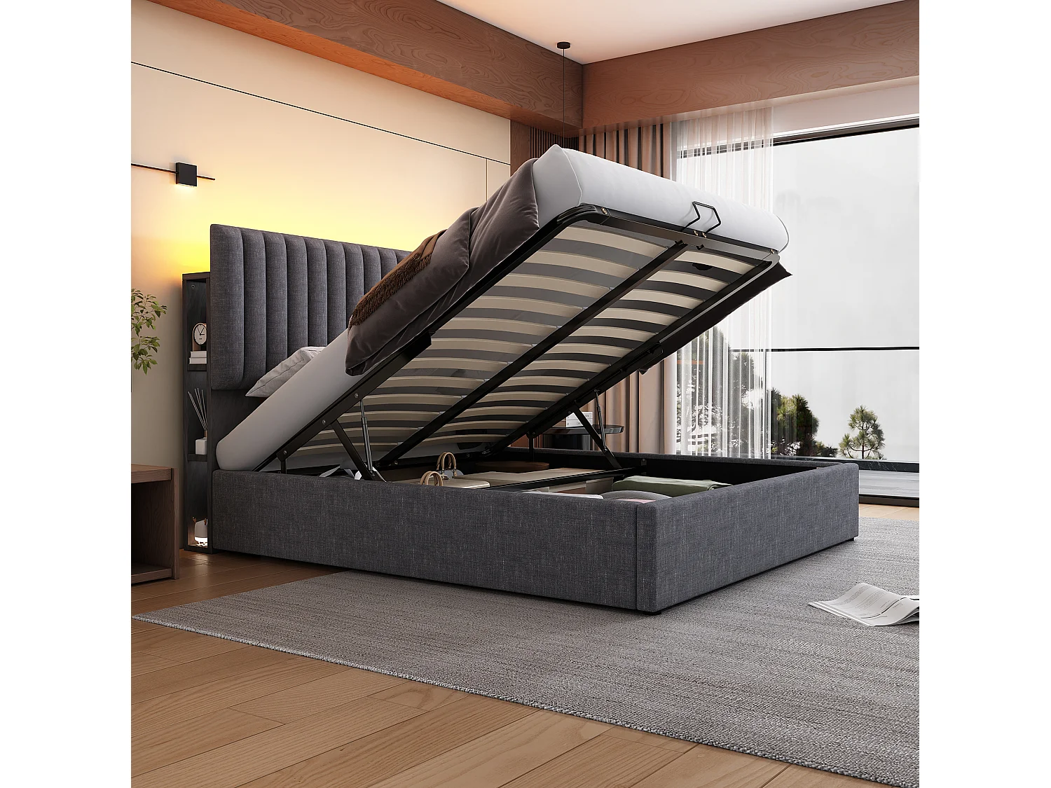 Lit coffre 160x200 cm avec tête de lit LED, rangement et USB Type C, en lin gris (Avec matelas)