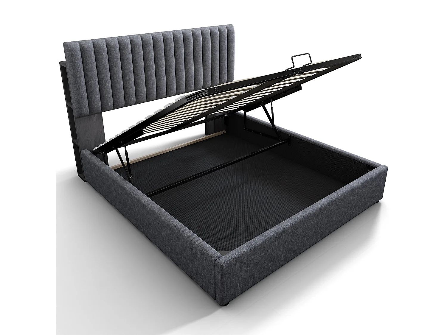 Lit coffre 160x200 cm avec tête de lit LED, rangement et USB Type C, en lin gris (Avec matelas)