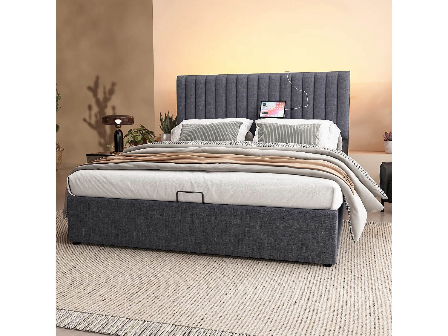 Lit coffre 160x200 cm avec tête de lit LED, rangement et USB Type C, en lin gris (Avec matelas)