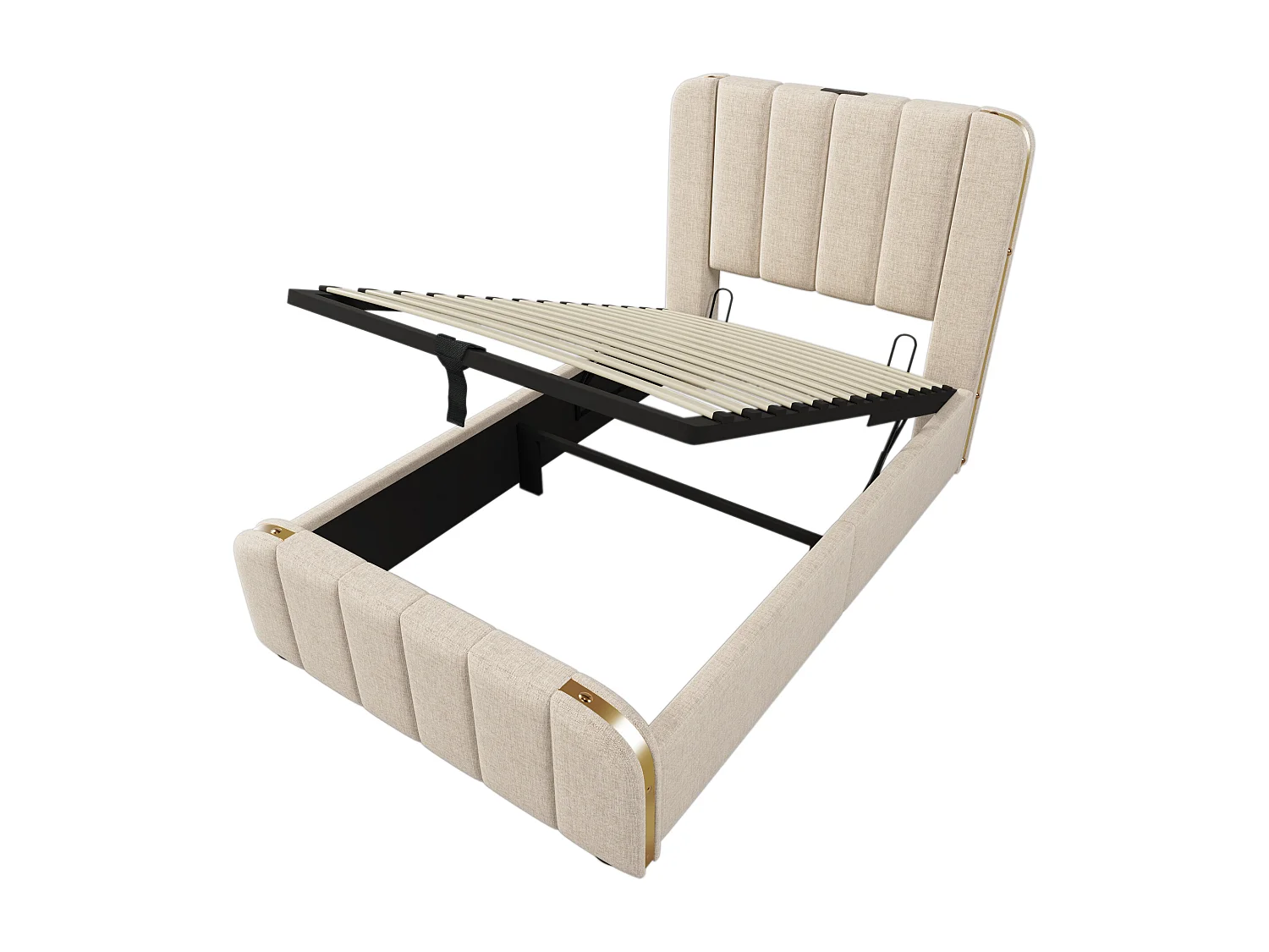 Lit coffre 90x200 cm avec rangement hydraulique et USB USB C, tête de lit à bandes métalliques, lin beige (Sans matelas)