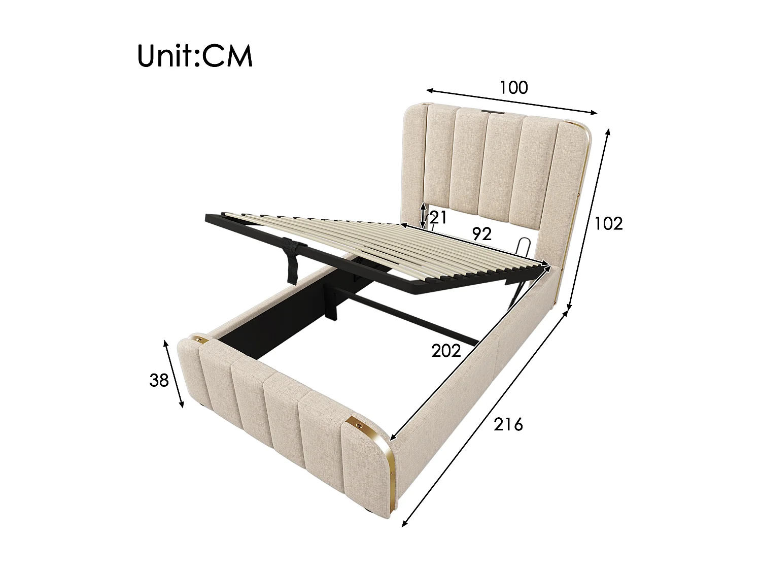 Lit coffre 90x200 cm avec rangement hydraulique et USB USB C, tête de lit à bandes métalliques, lin beige (Sans matelas)