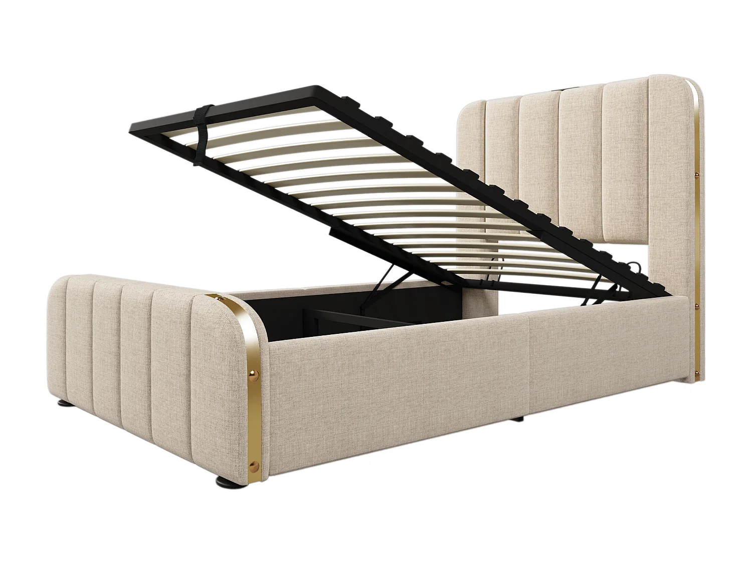 Lit coffre 90x200 cm avec rangement hydraulique et USB USB C, tête de lit à bandes métalliques, lin beige (Sans matelas)