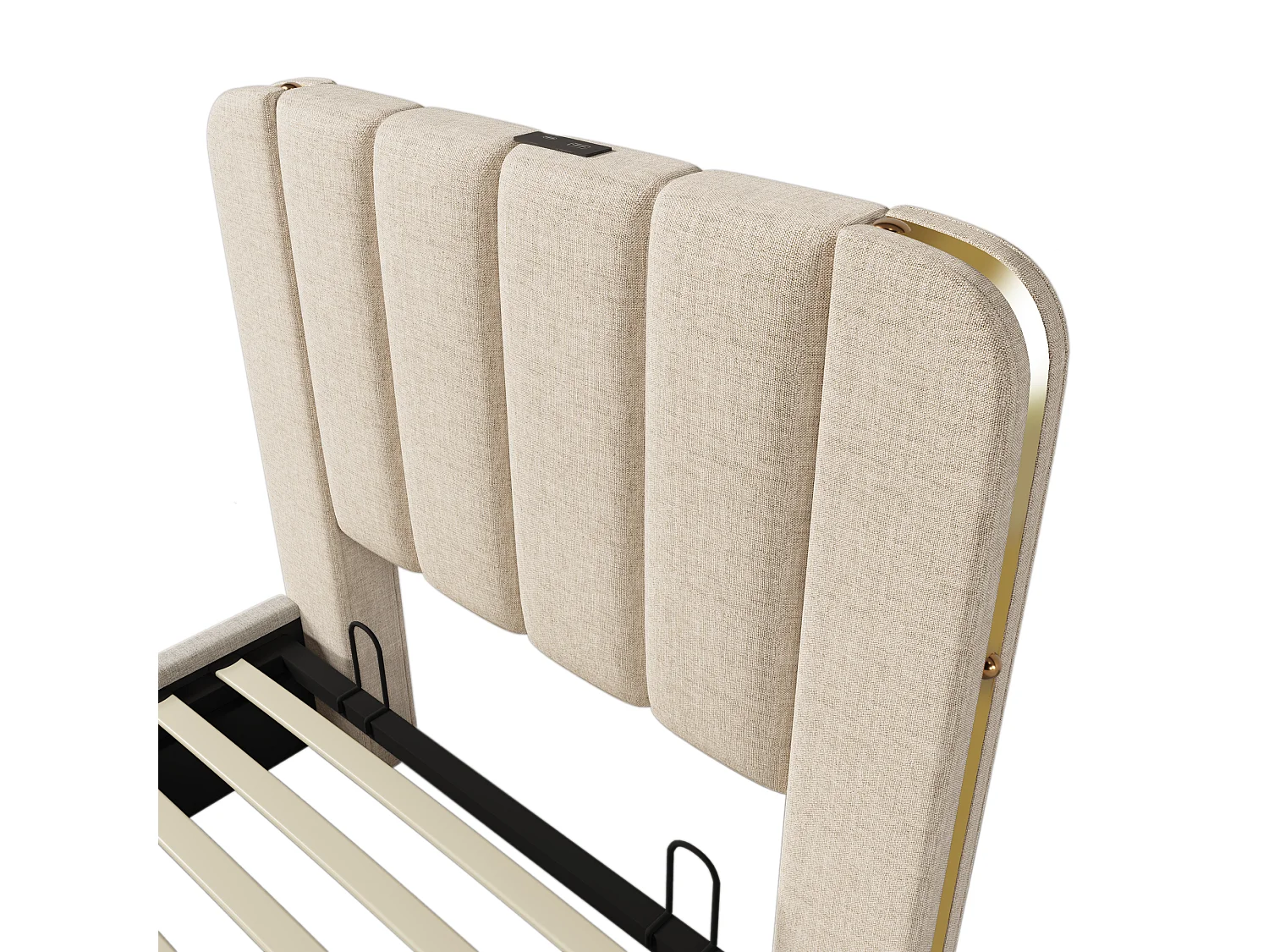 Lit coffre 90x200 cm avec rangement hydraulique et USB USB C, tête de lit à bandes métalliques, lin beige (Sans matelas)