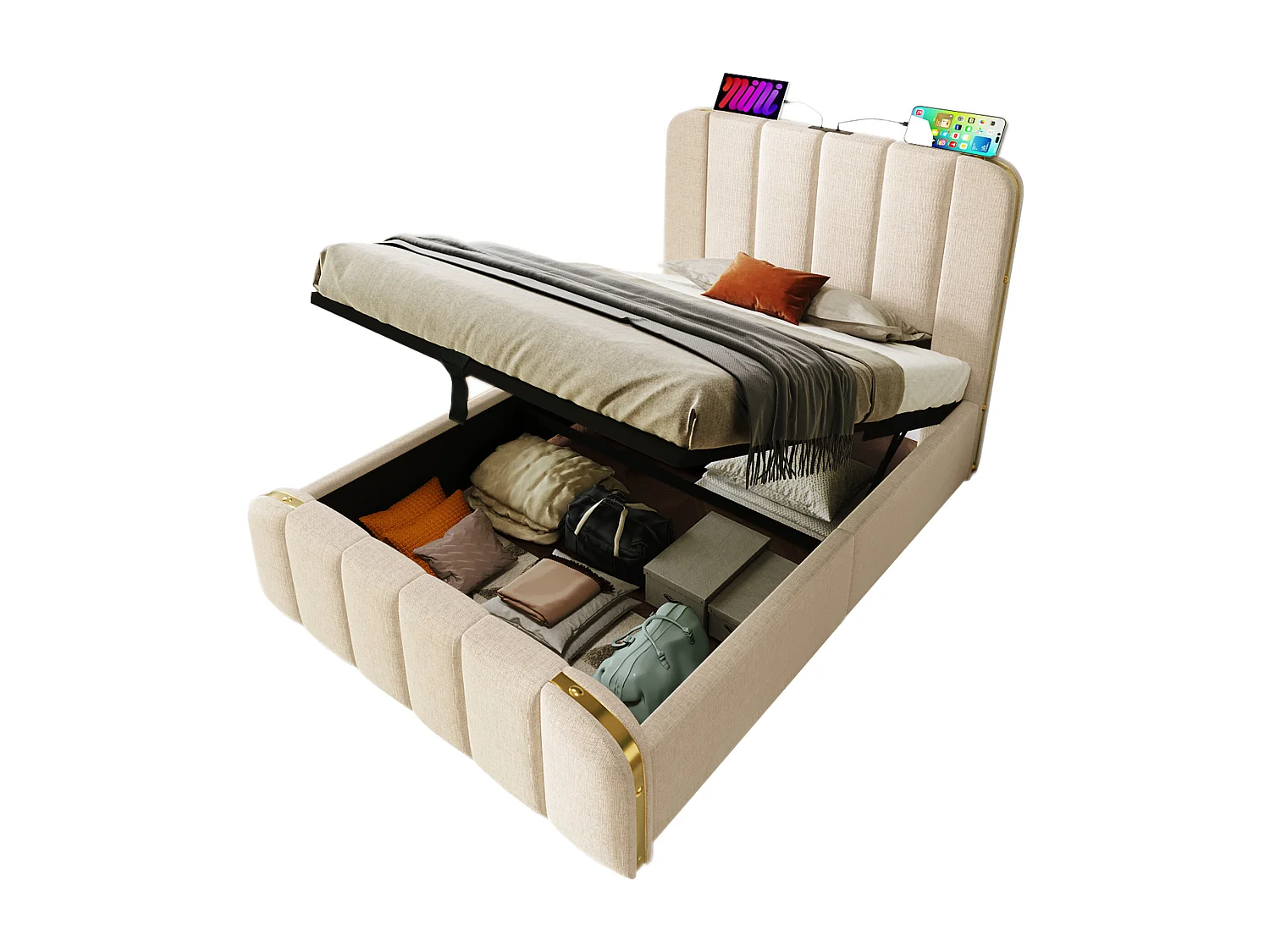 Lit coffre 90x200 cm avec rangement hydraulique et USB USB C, tête de lit à bandes métalliques, lin beige (Sans matelas)
