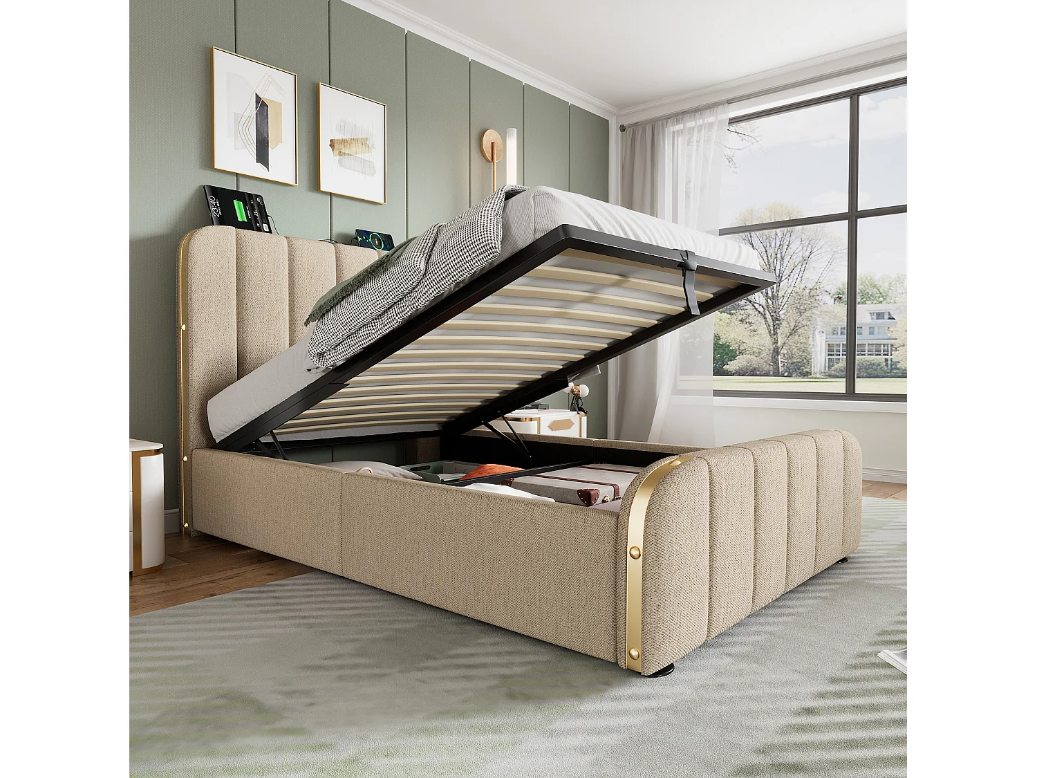 Lit coffre 90x200 cm avec rangement hydraulique et USB USB C, tête de lit à bandes métalliques, lin beige (Sans matelas)