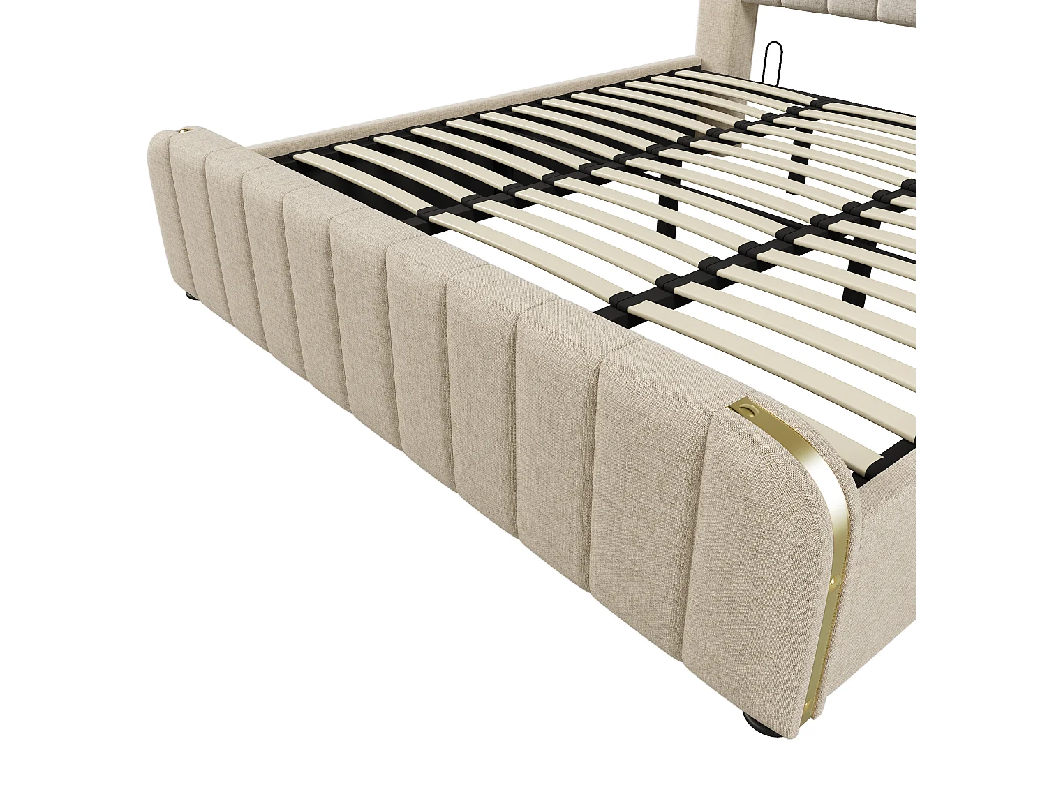 Lit coffre 180x200 cm avec sommier - tête de lit capitonnée avec USB - tissu lin - beige (sans matelas)