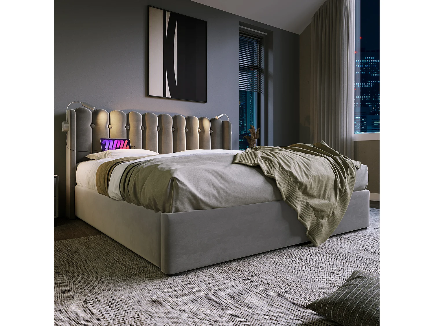 Lit coffre 140x200 cm avec USB et liseuse, tête de lit, velours gris (Sans matelas)