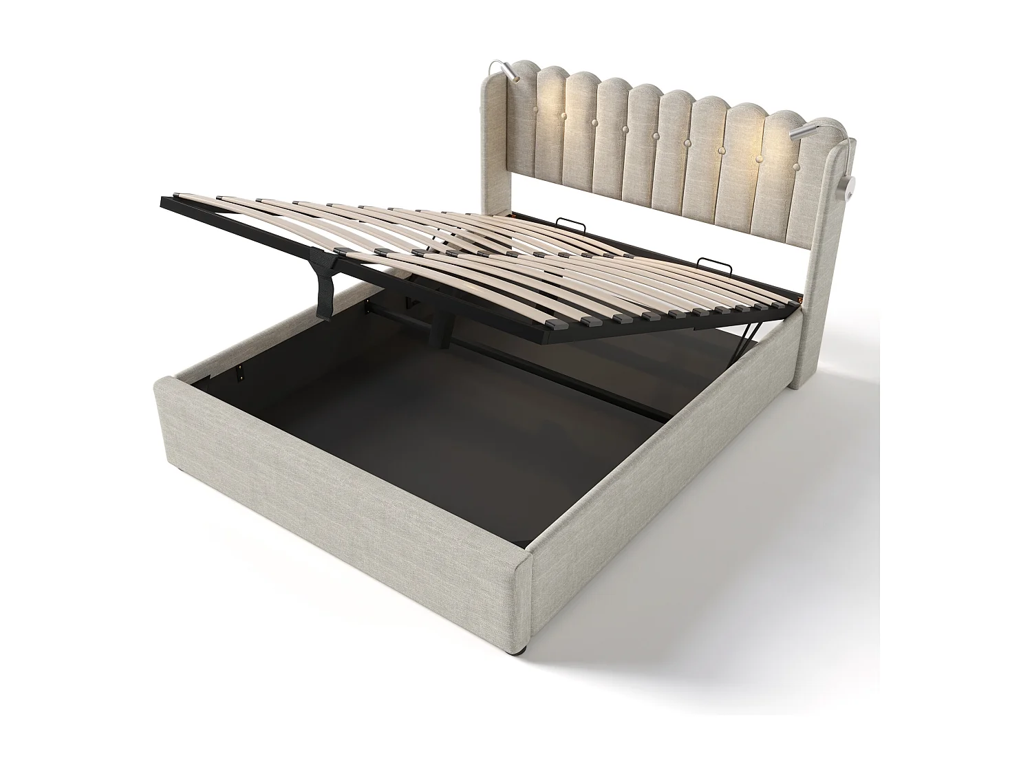 Lit coffre 160x200 cm avec liseuse et ports USB, avec tête de lit, en lin beige (Avec matelas)