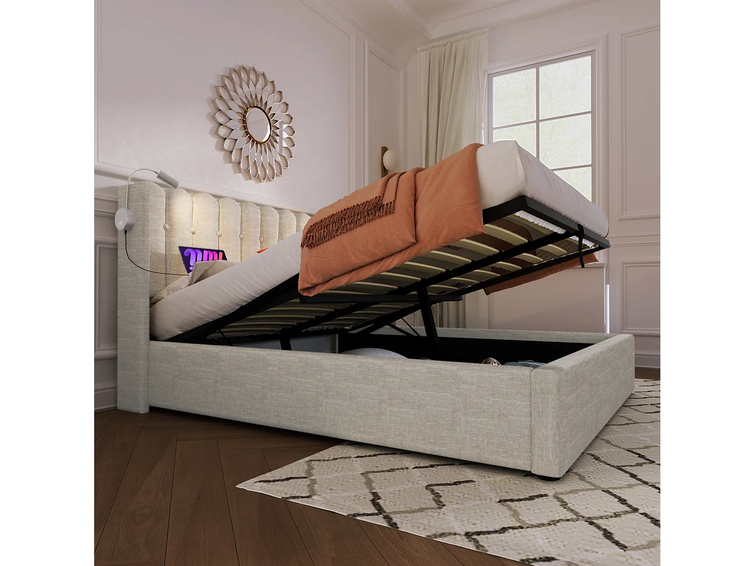 Lit coffre 160x200 cm avec liseuse et ports USB, avec tête de lit, en lin beige (Avec matelas)