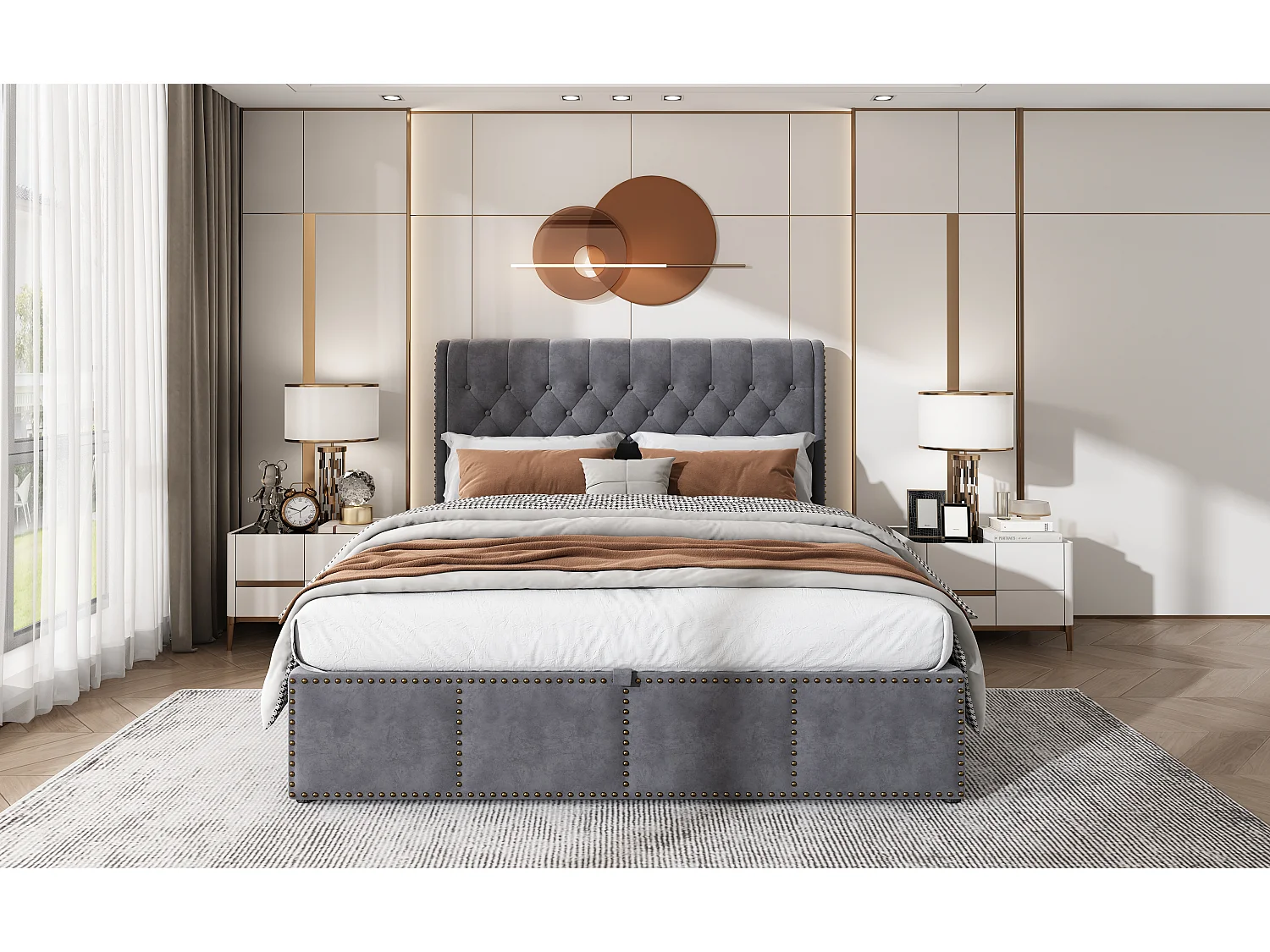 Lit coffre 140x200 cm avec tête de lit 102.5 cm et rivets, velours gris (Sans matelas)