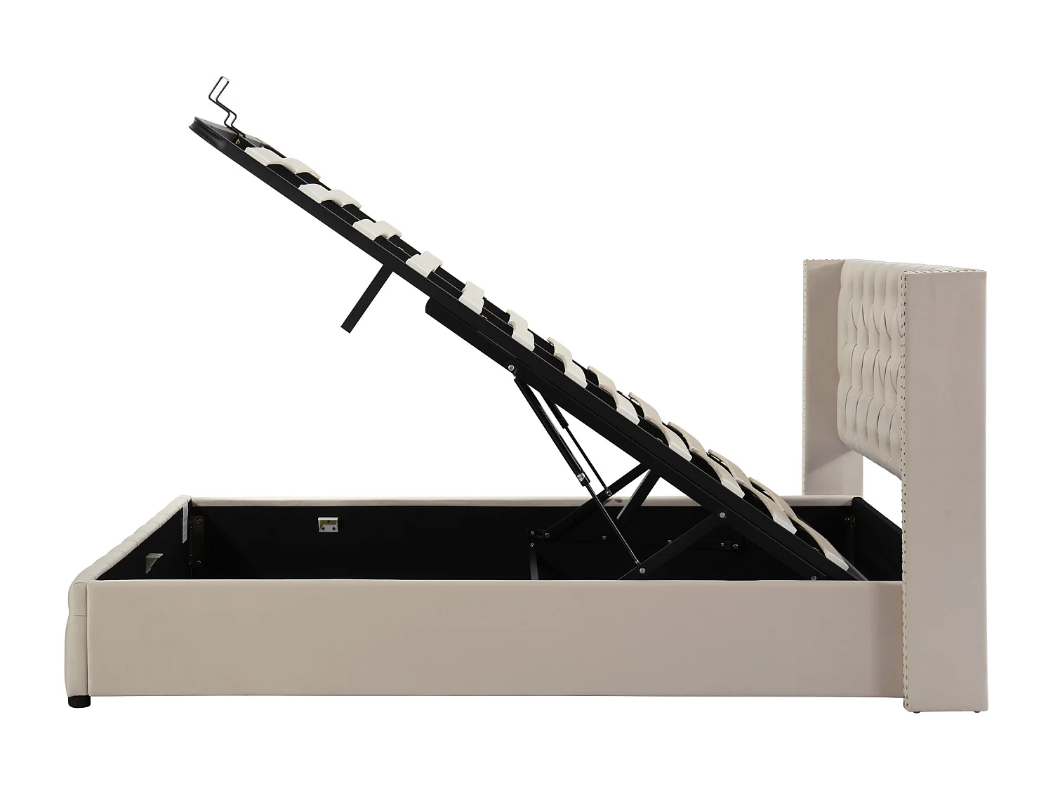 Lit coffre 140x200 cm avec rangement hydraulique, tête de lit capitonnée, velours beige (Sans matelas)