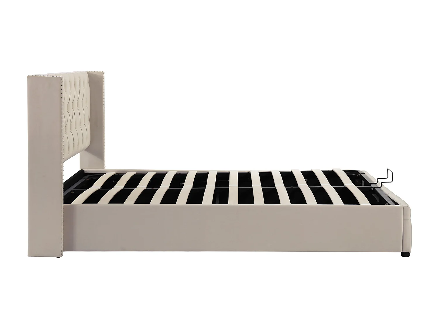 Lit coffre 140x200 cm avec rangement hydraulique, tête de lit capitonnée, velours beige (Sans matelas)