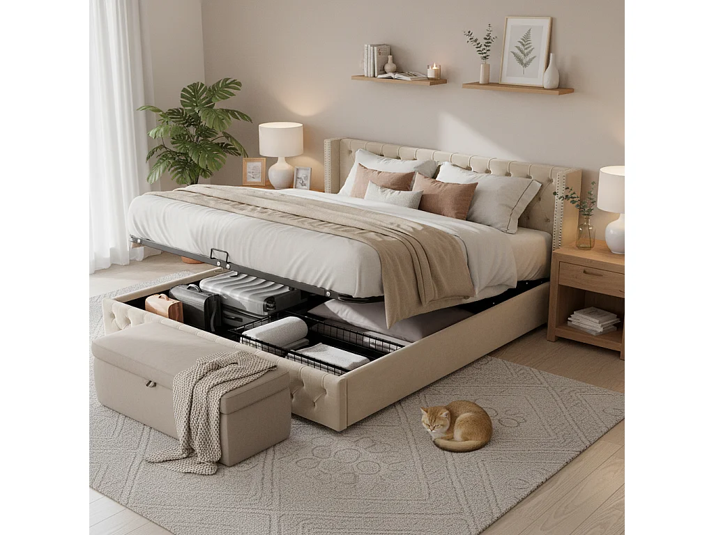 Lit coffre 140x200 cm avec rangement hydraulique, tête de lit capitonnée, velours beige (Sans matelas)