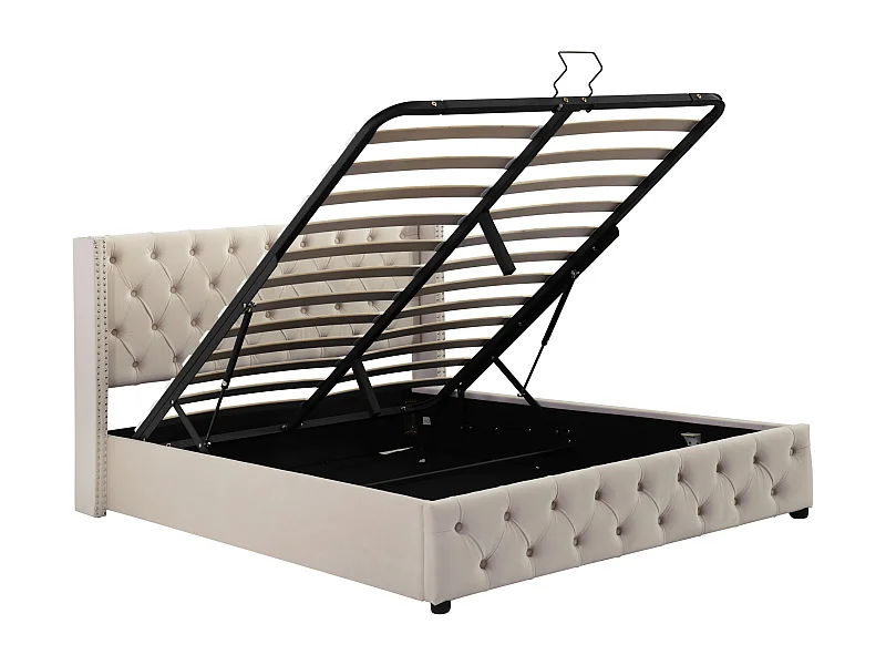 Lit coffre 140x200 cm avec sommier - tête de lit capitonnée - velours - beige (sans matelas)