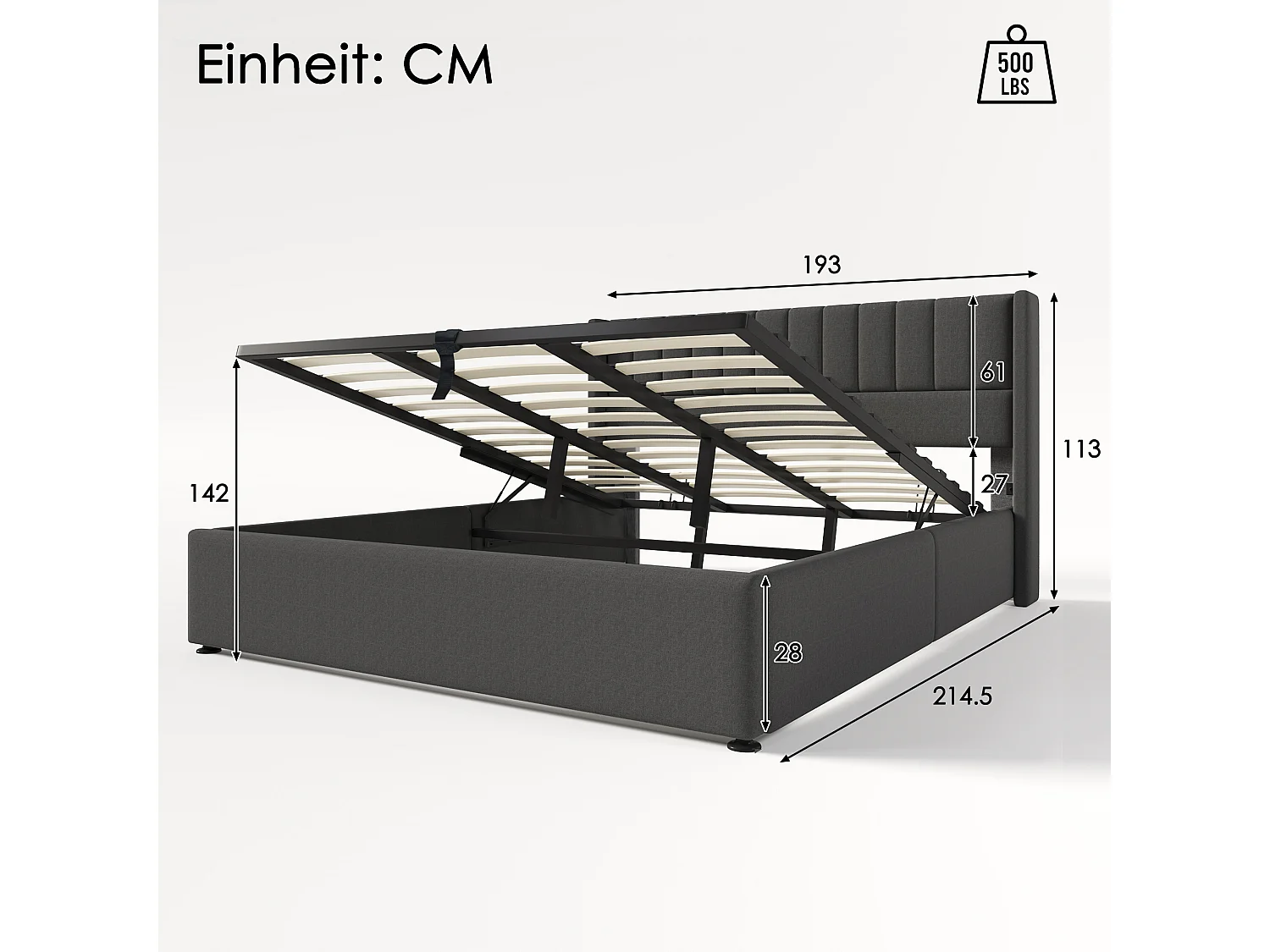 Lit coffre 180x200 cm, sommier relevable hydraulique, tête de lit rembourrée, lin gris (Sans matelas)