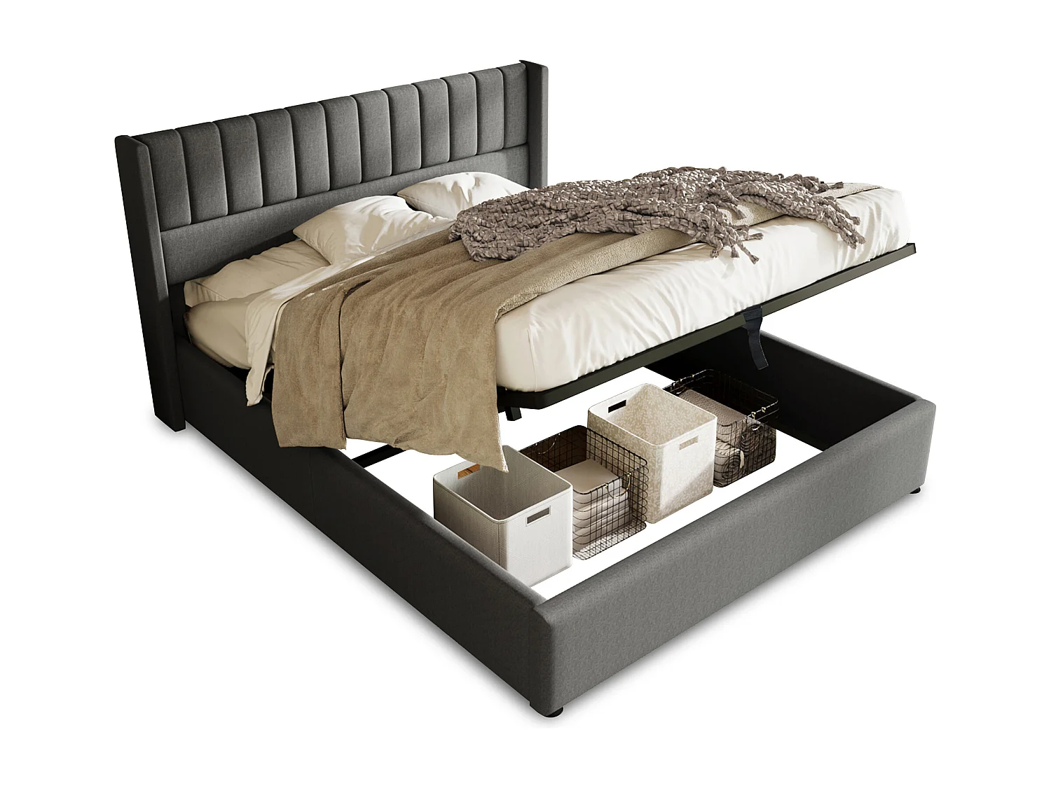 Lit coffre 180x200 cm, sommier relevable hydraulique, tête de lit rembourrée, lin gris (Sans matelas)