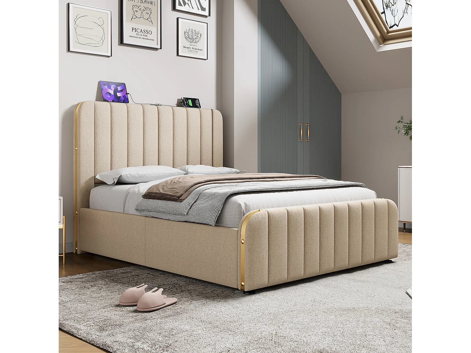 Lit coffre 140x200 cm avec matelas, tête de lit avec USB et USB C, lin beige, Beige (Avec matelas)