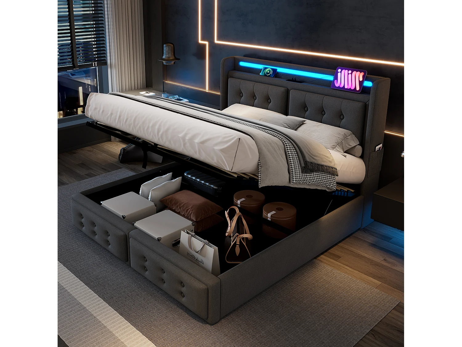 Lit coffre 140x200 cm avec prises USB et Type C, LED, rangement, coton lin gris (Sans matelas)
