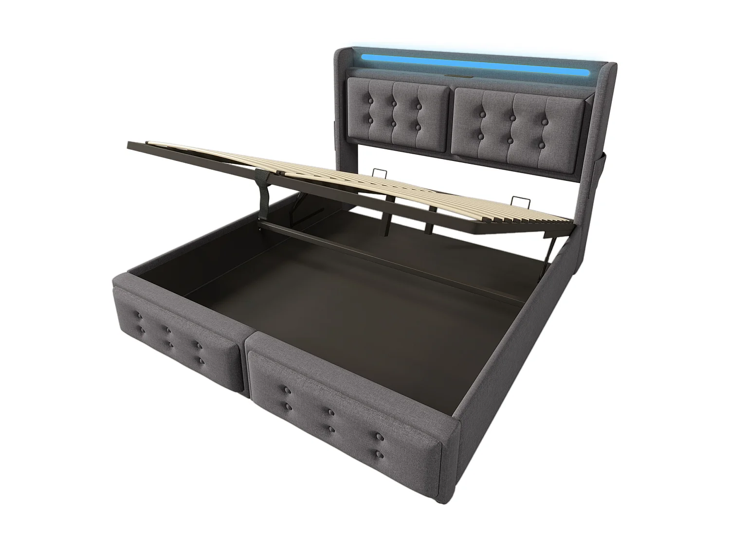 Lit coffre 140x200 cm avec prises USB et Type C, LED, rangement, coton lin gris (Sans matelas)