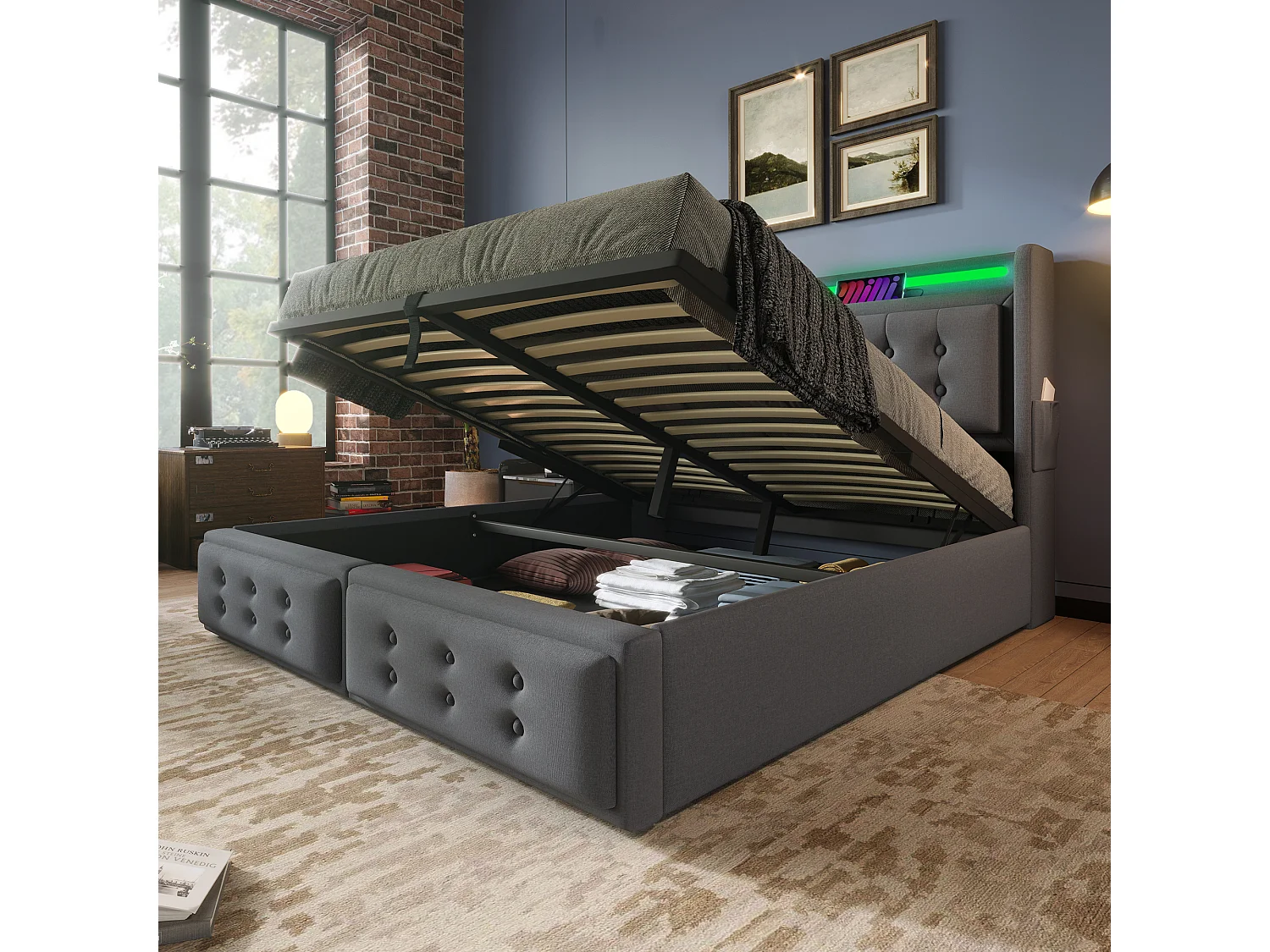 Lit coffre 140x200 cm avec prises USB et Type C, LED, rangement, coton lin gris (Sans matelas)