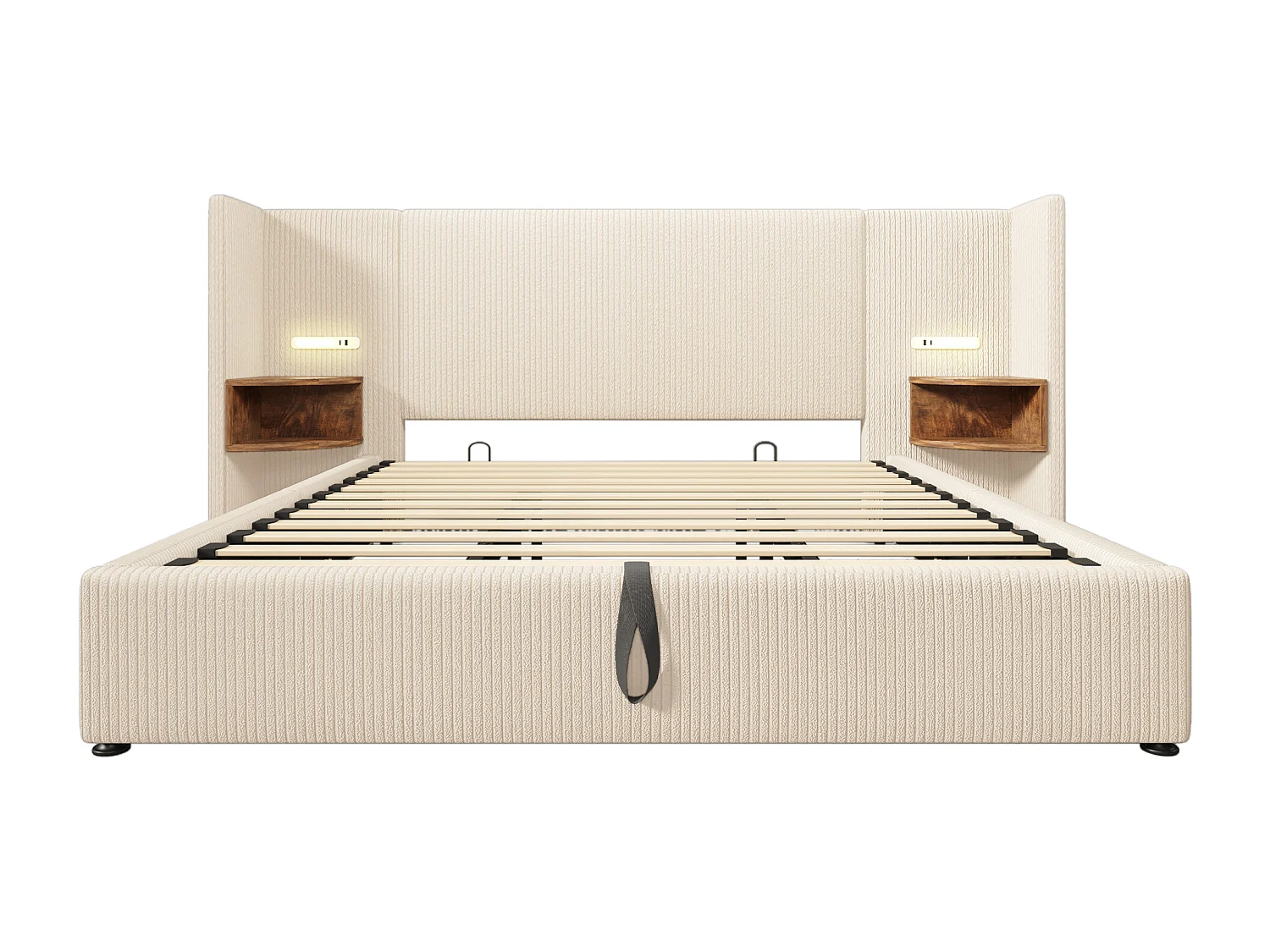 Lit Coffre 180x200cm avec LED USB Espace de rangement Sommier à lattes en bois en beige pour adultes et enfants et adolescents