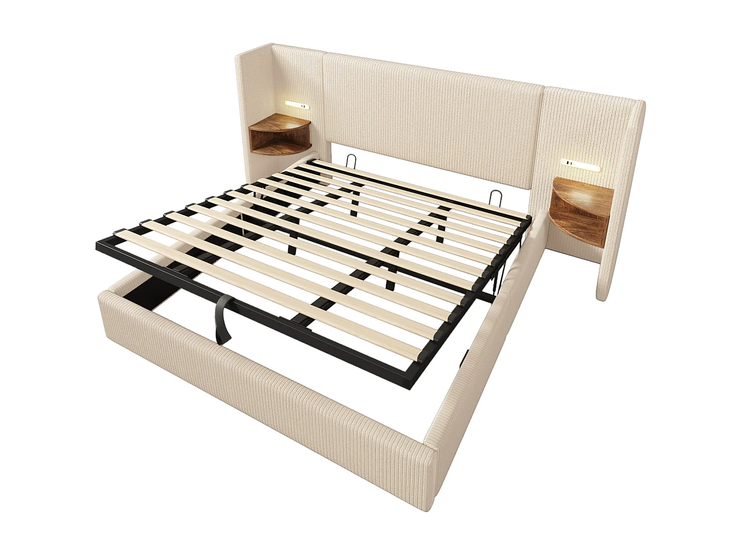 Lit coffre 180x200 cm avec tête de lit à étagère, lampe et ports USB Type C, velours côtelé, beige blanc (Sans matelas)