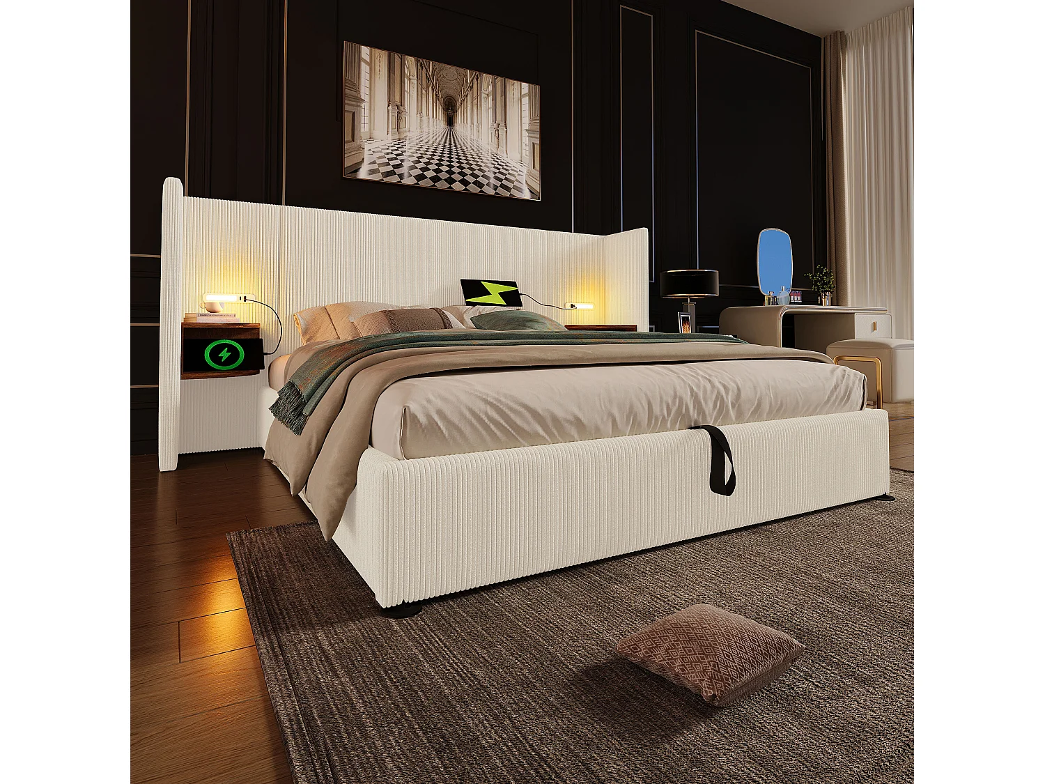 Lit coffre 180x200 cm avec tête de lit à étagère, lampe et ports USB Type C, velours côtelé, beige blanc (Sans matelas)