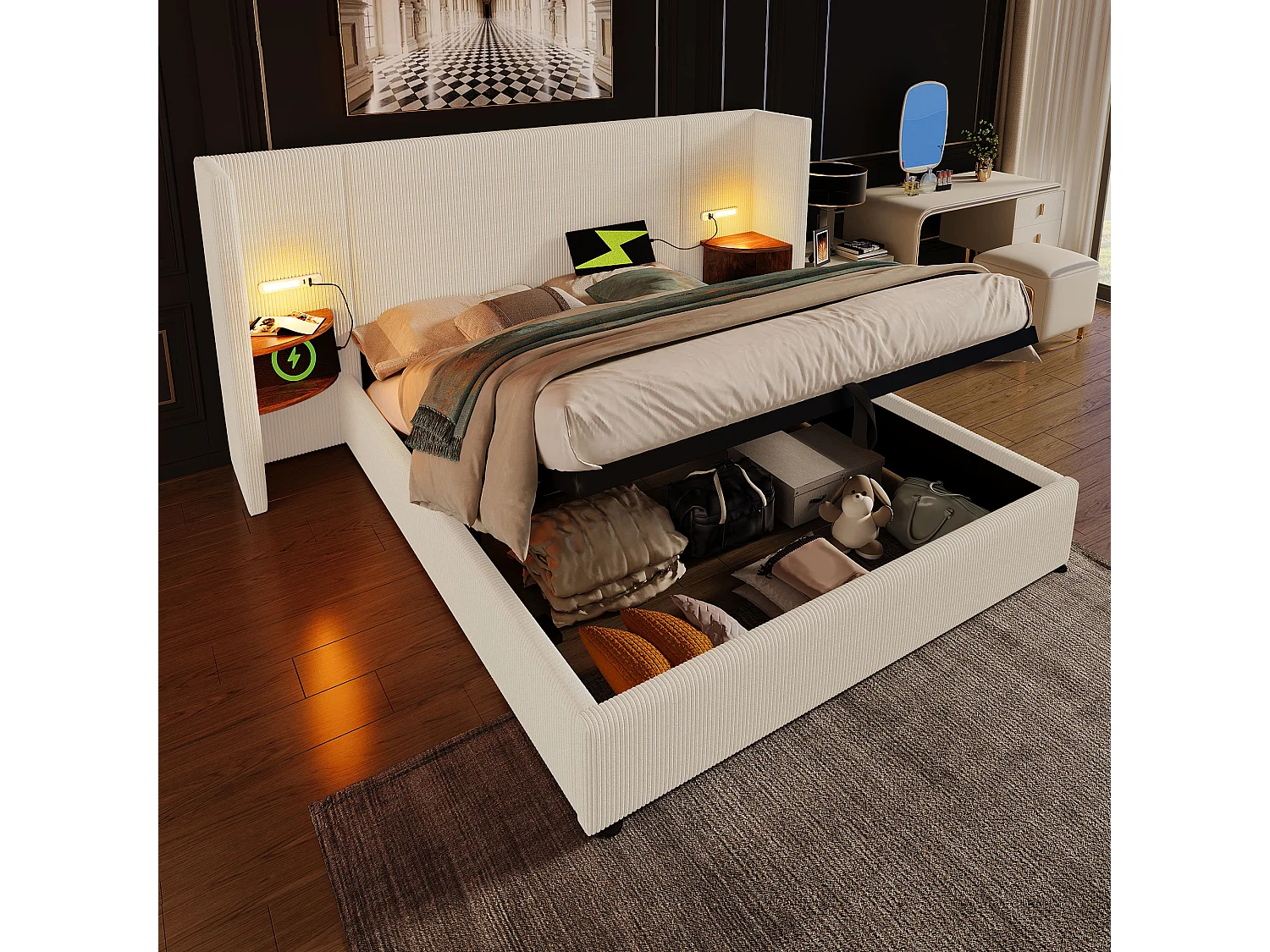 Lit coffre 180x200 cm avec tête de lit à étagère, lampe et ports USB Type C, velours côtelé, beige blanc (Sans matelas)