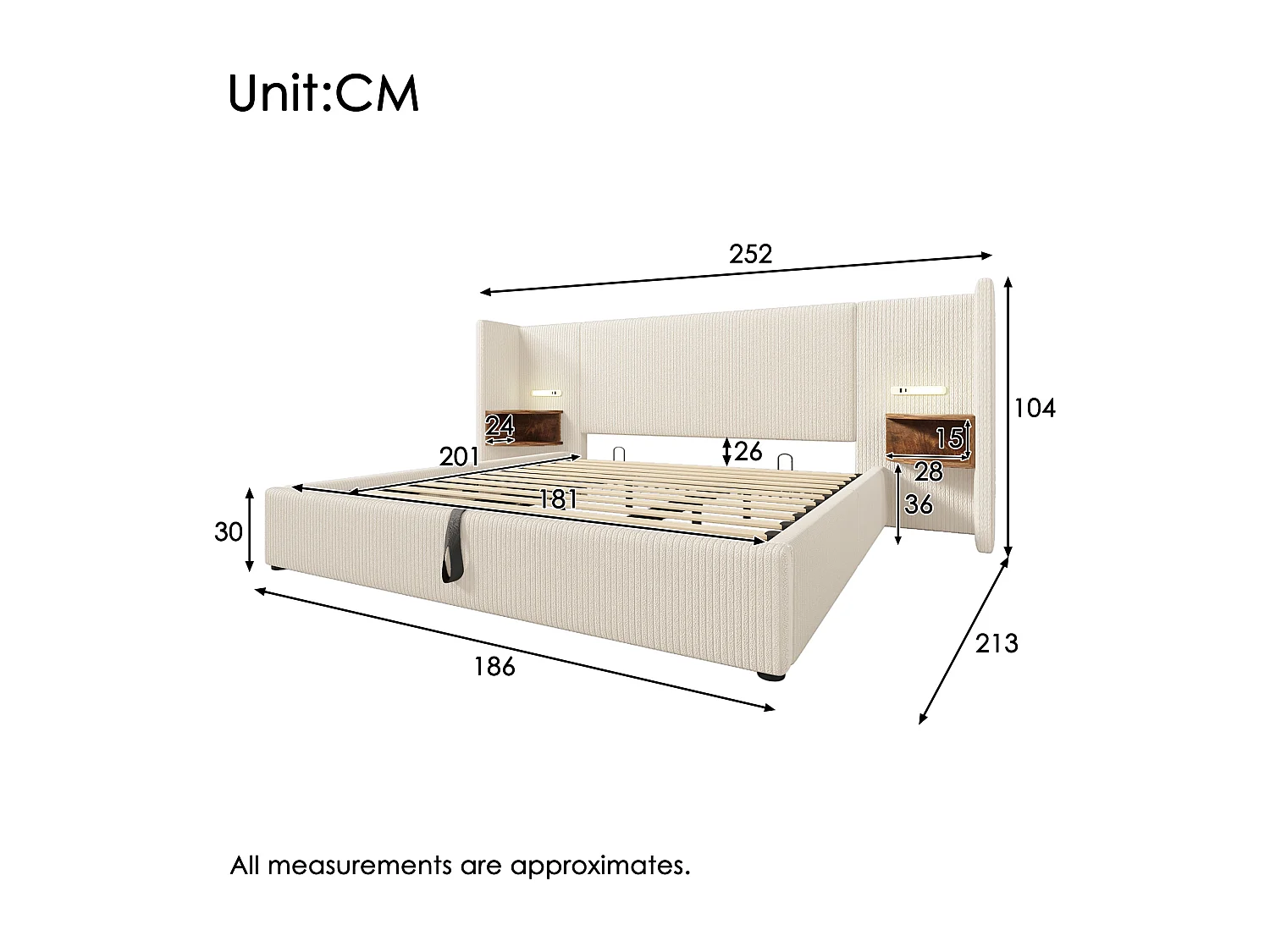 Lit coffre 180x200 cm avec tête de lit à étagère, lampe et ports USB Type C, velours côtelé, beige blanc (Sans matelas)