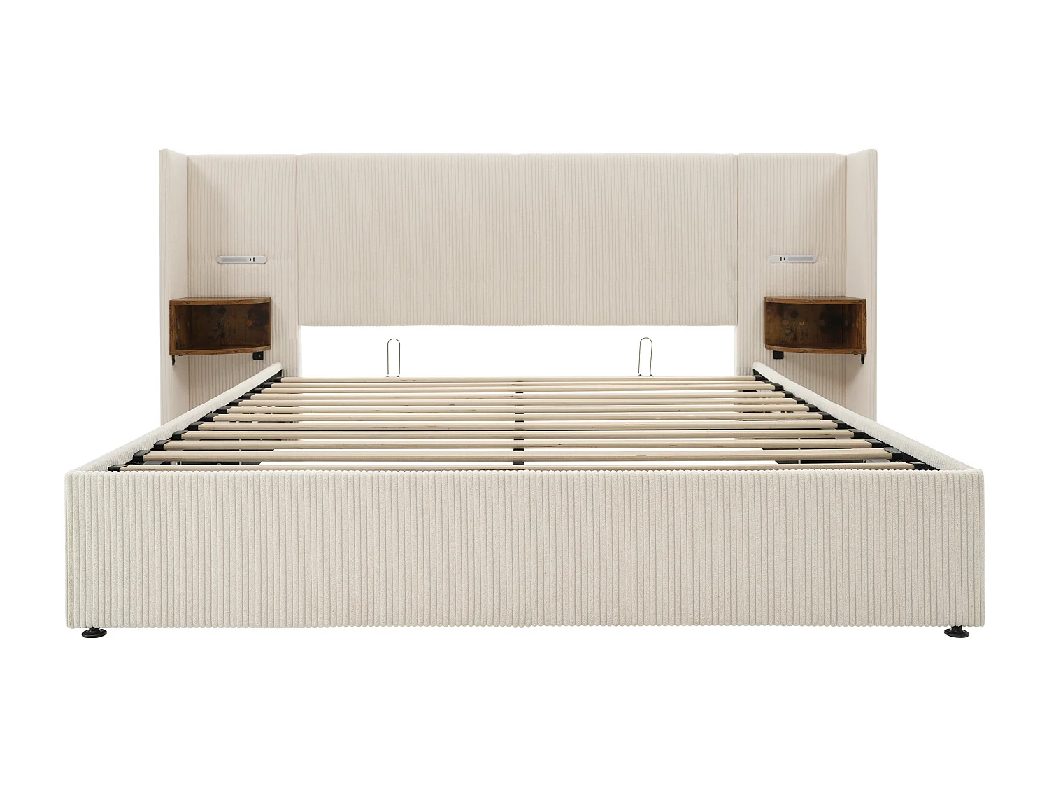 Lit coffre 180x200 cm avec tête de lit à étagère, lampe et ports USB Type C, velours côtelé, beige blanc (Sans matelas)